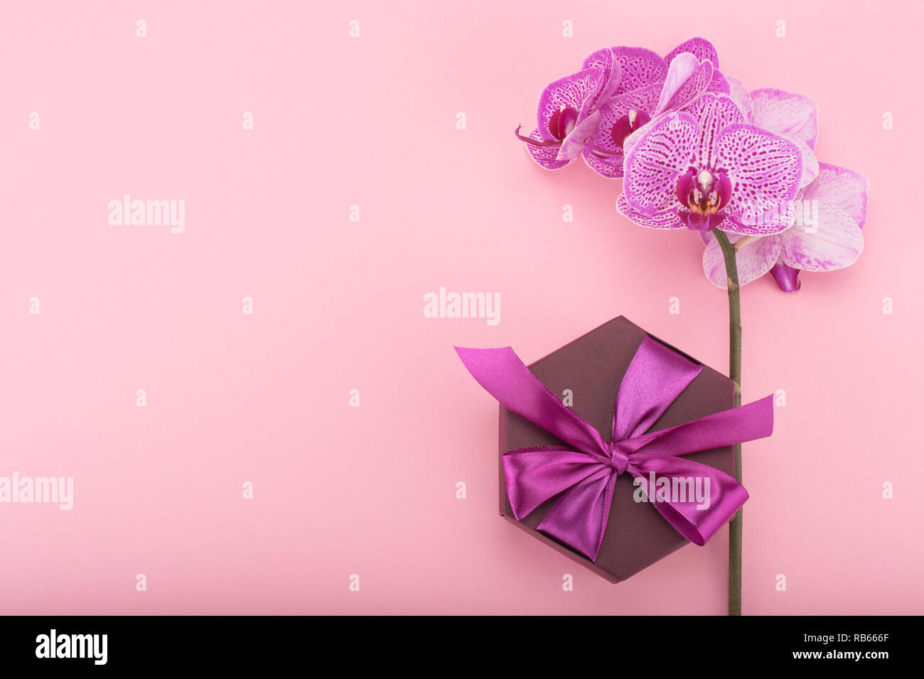 Pink orchid flowers and hexagonal gift box with bow. Flat layout Stock Photo