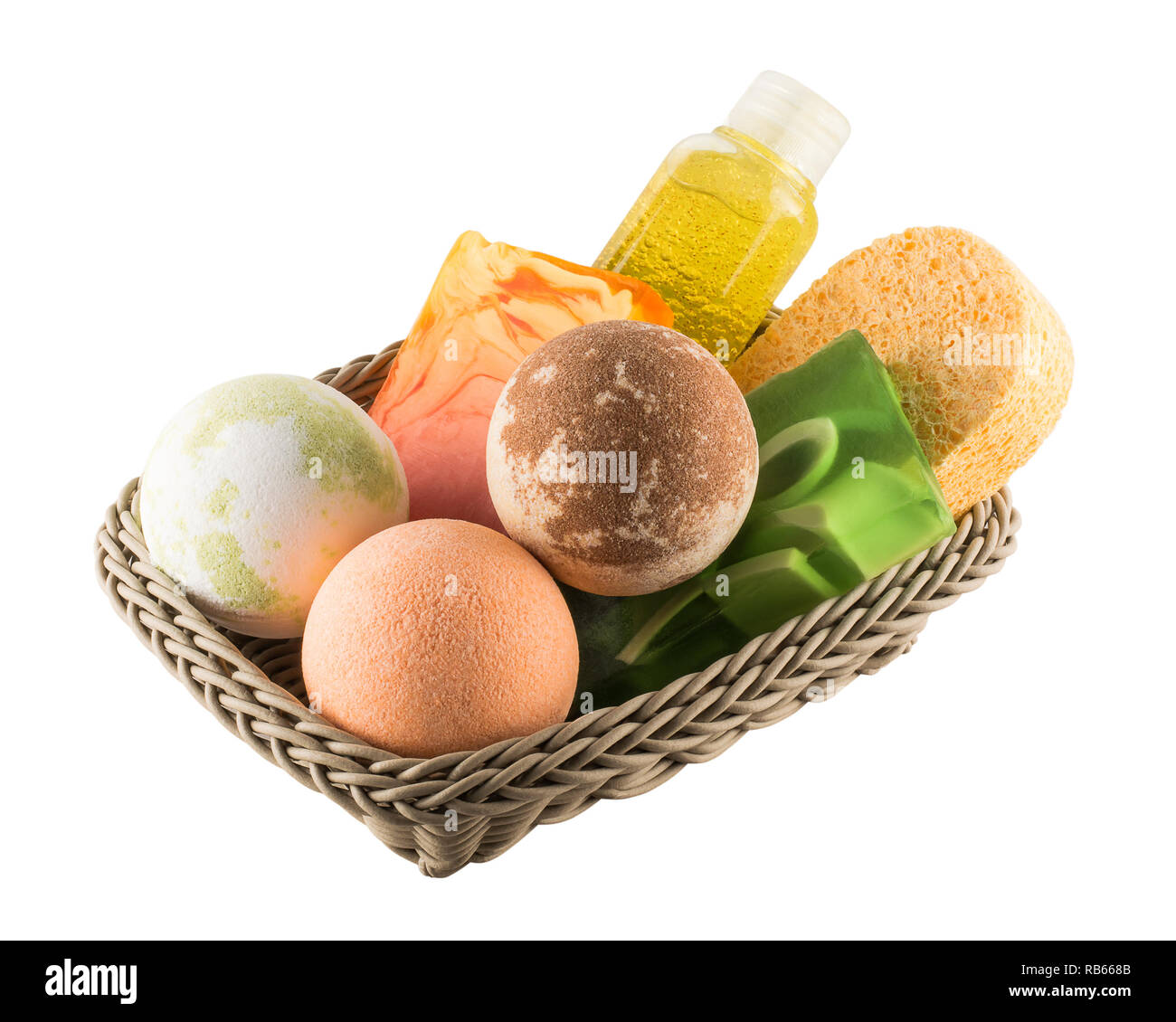 Сosmetic bath products lying in the basket Stock Photo