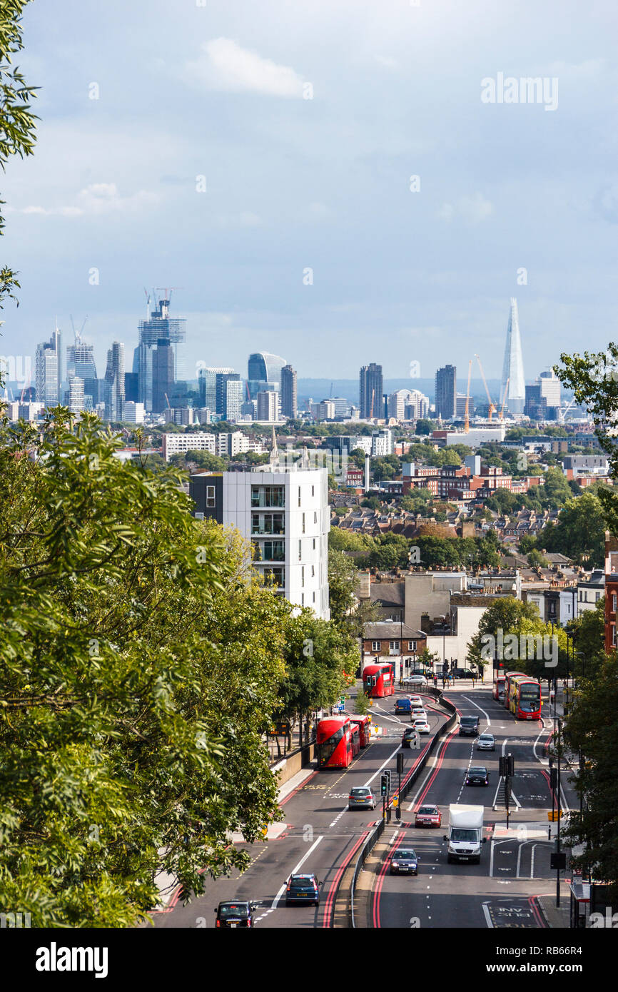 A view of Archway Road and the City of London's changing skyline from Hornsey Lane Bridge, Archway, London, UK Stock Photo