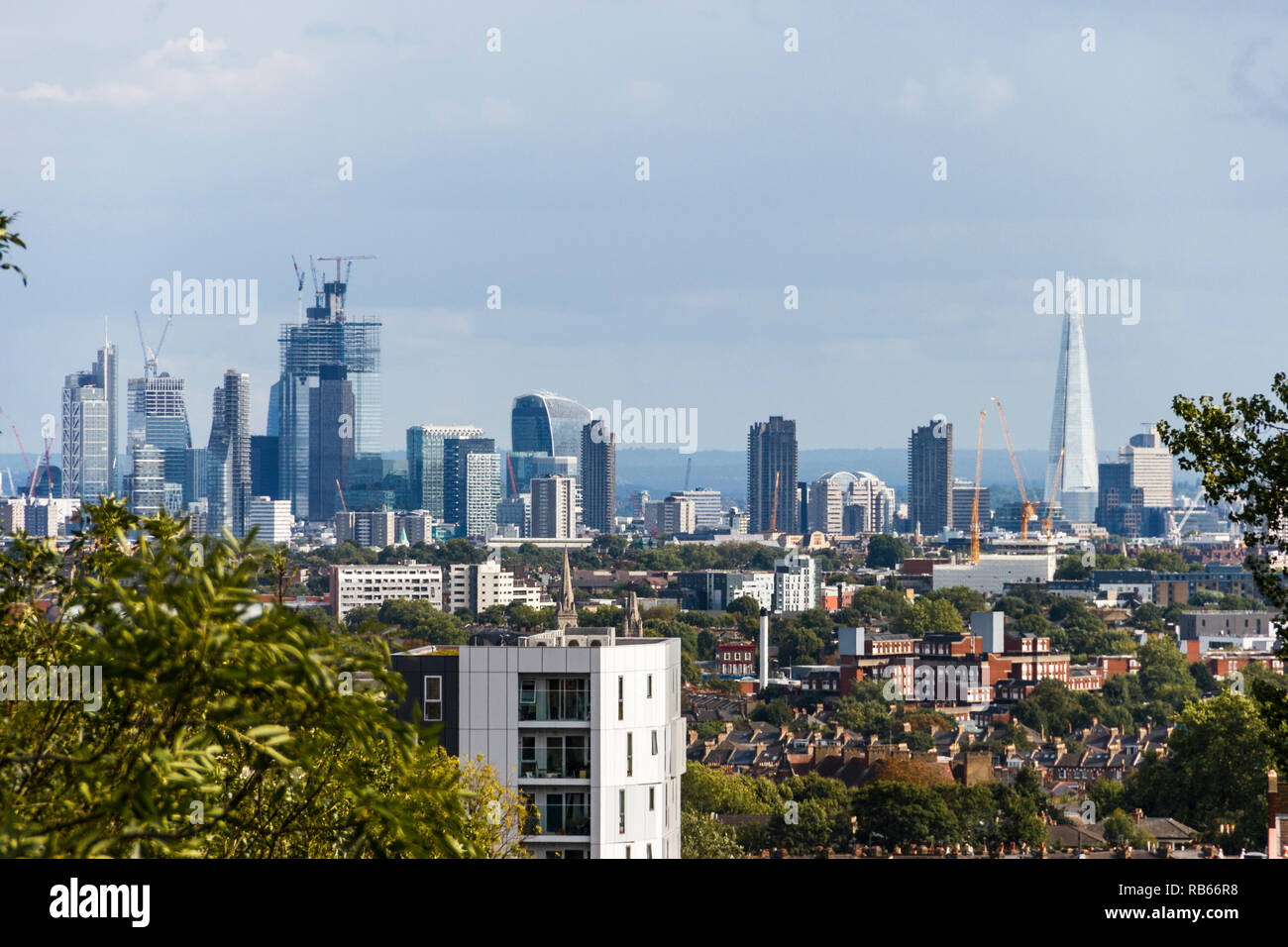 A view of the City of London's changing skyline from Hornsey Lane Bridge, Archway, London, UK Stock Photo