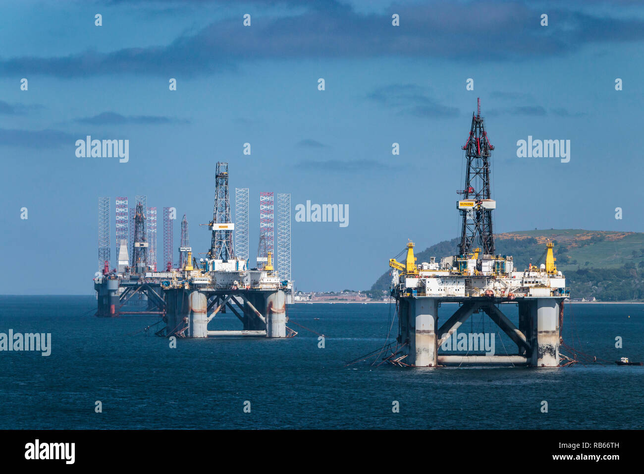 Offshore oil drilling platforms anchored in Cromarty Firth near
