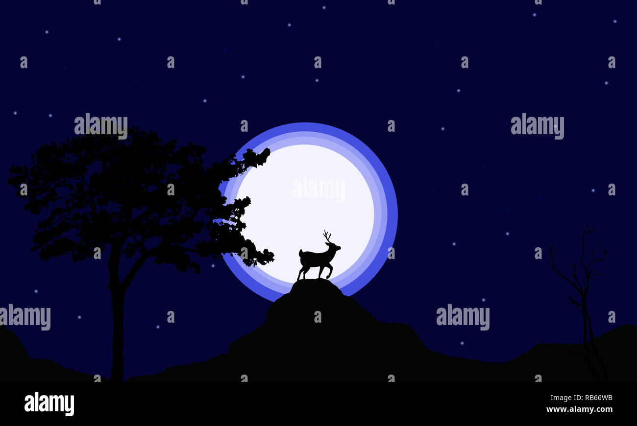 Reindeer silhouette on gradient lights with glittery starry background creates a dreamy background in this image. Nature wallpaper of night wildlife. Stock Photo