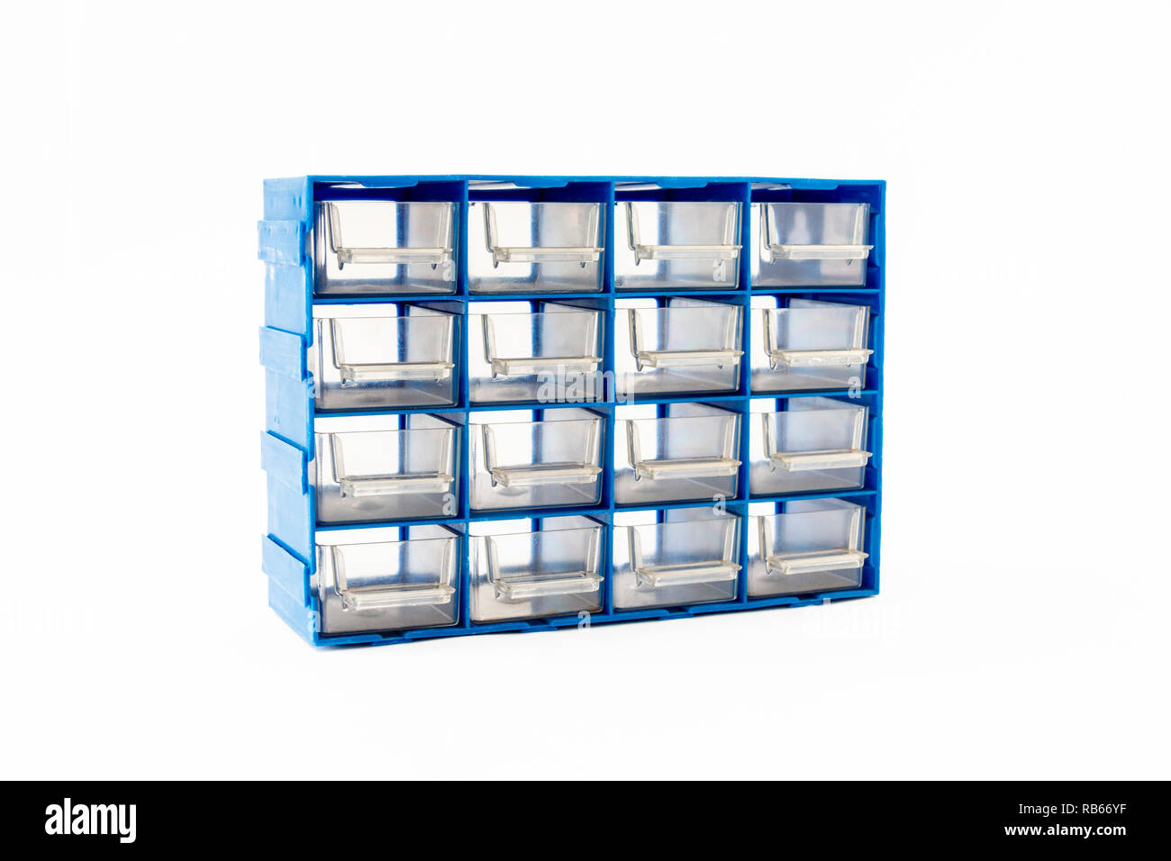 A 16-drawer blue plastic storage cabinet with transparent drawers isolated against a white background Stock Photo