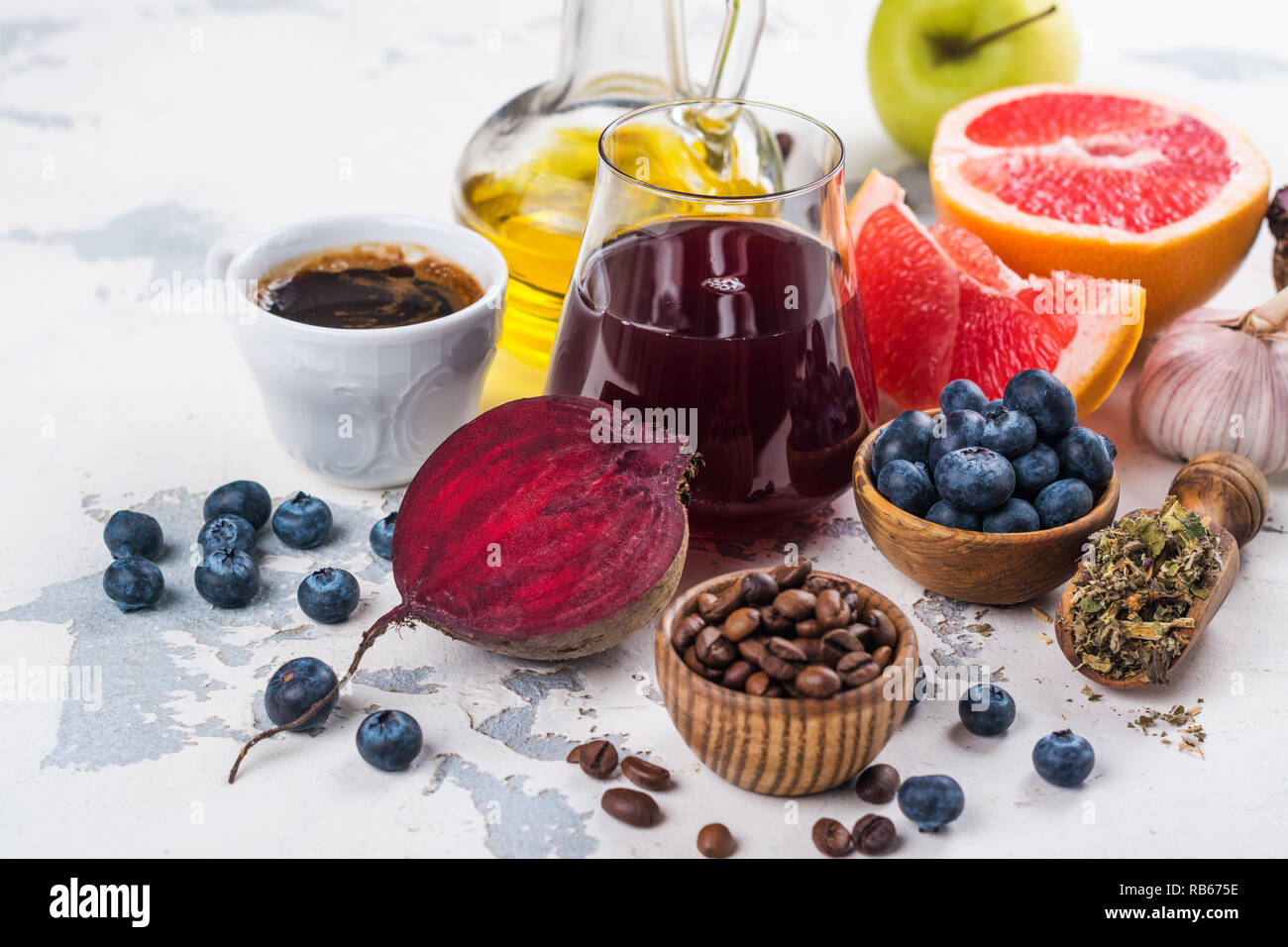 Assortment of foods for healthy liver. Detox nutrition after alcohol