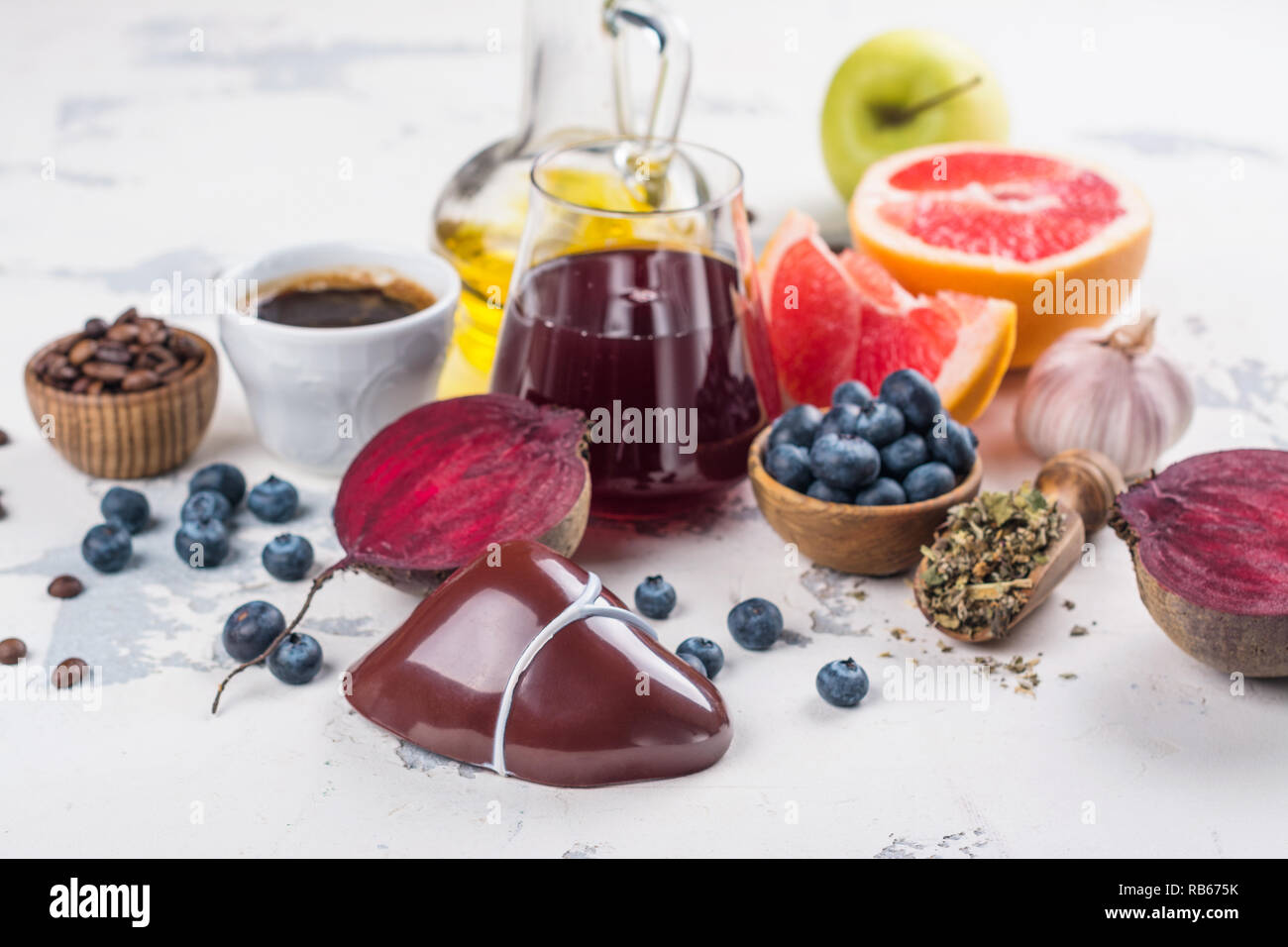 Assortment of foods for healthy liver. Detox nutrition after alcohol