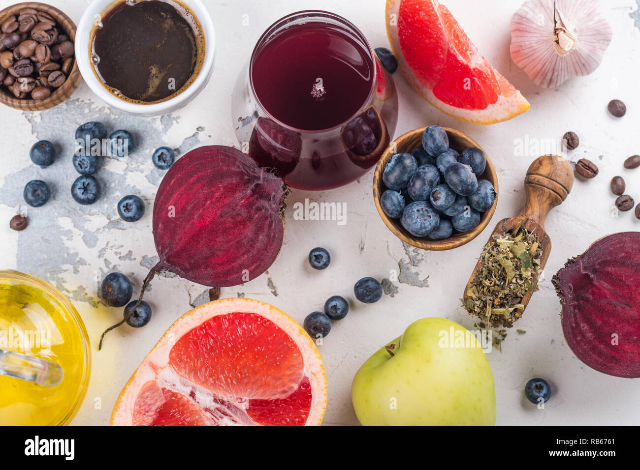 Assortment of foods for healthy liver. Detox nutrition after alcohol and over eating. Copy space