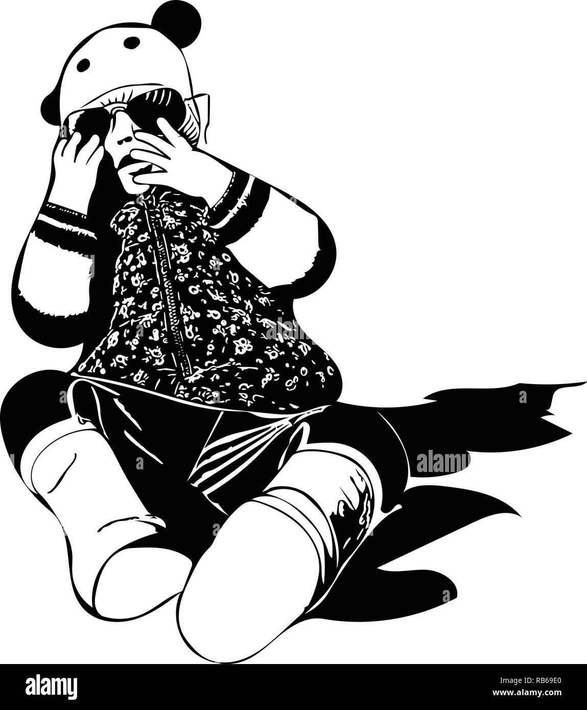 Black and white vector graphic of young child sitting on floor with arms raised touchig a large pair of sunglasses. Stock Vector