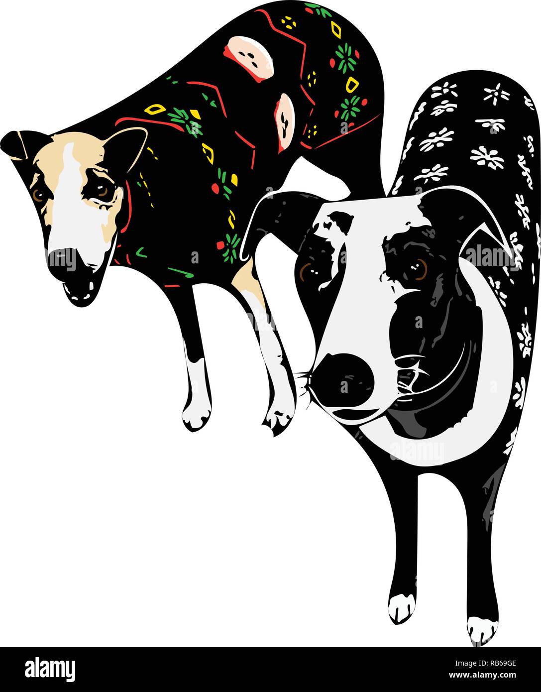 Vector graphic of two whippets staring at the camera in christmas coats. Stock Vector