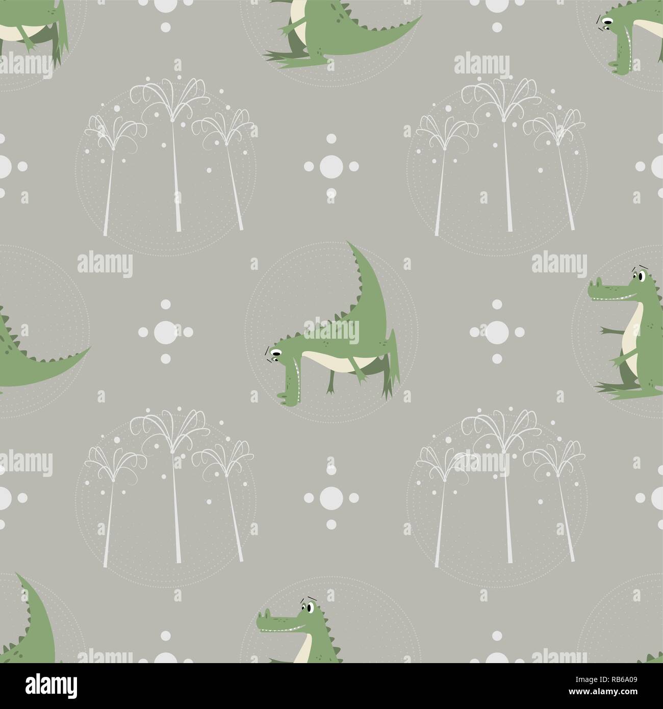 Seamless pattern funny cartoon crocodile palm trees on nature Stock Vector