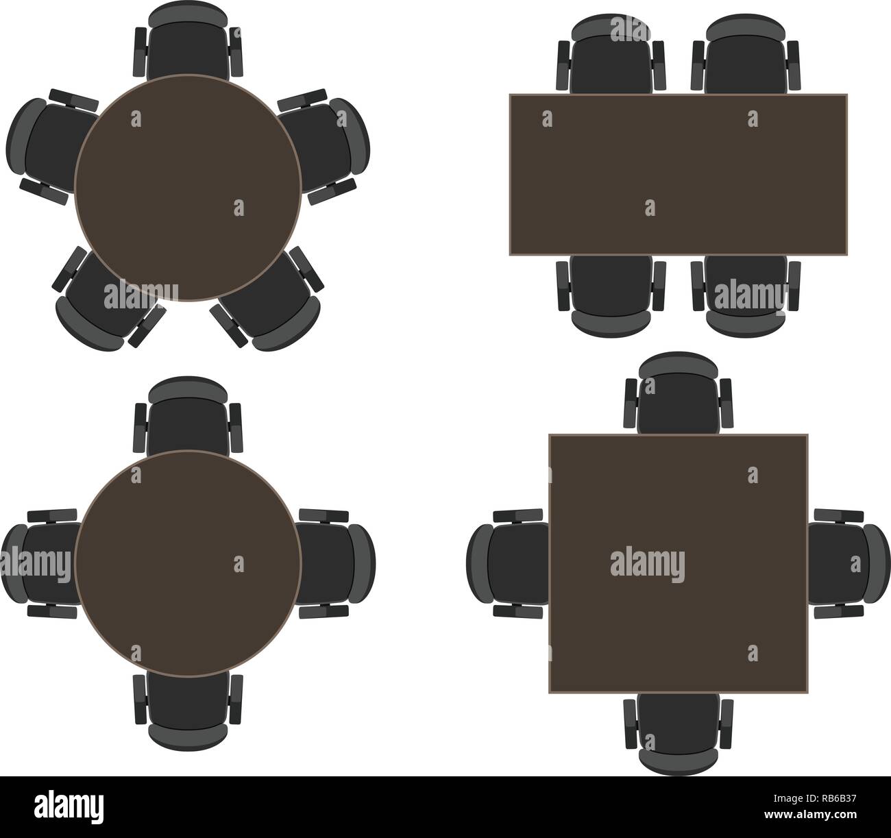 vector tables for discussion meeting isolated on white background. icons of top view of round and square table with chairs for business backgrounds Stock Vector