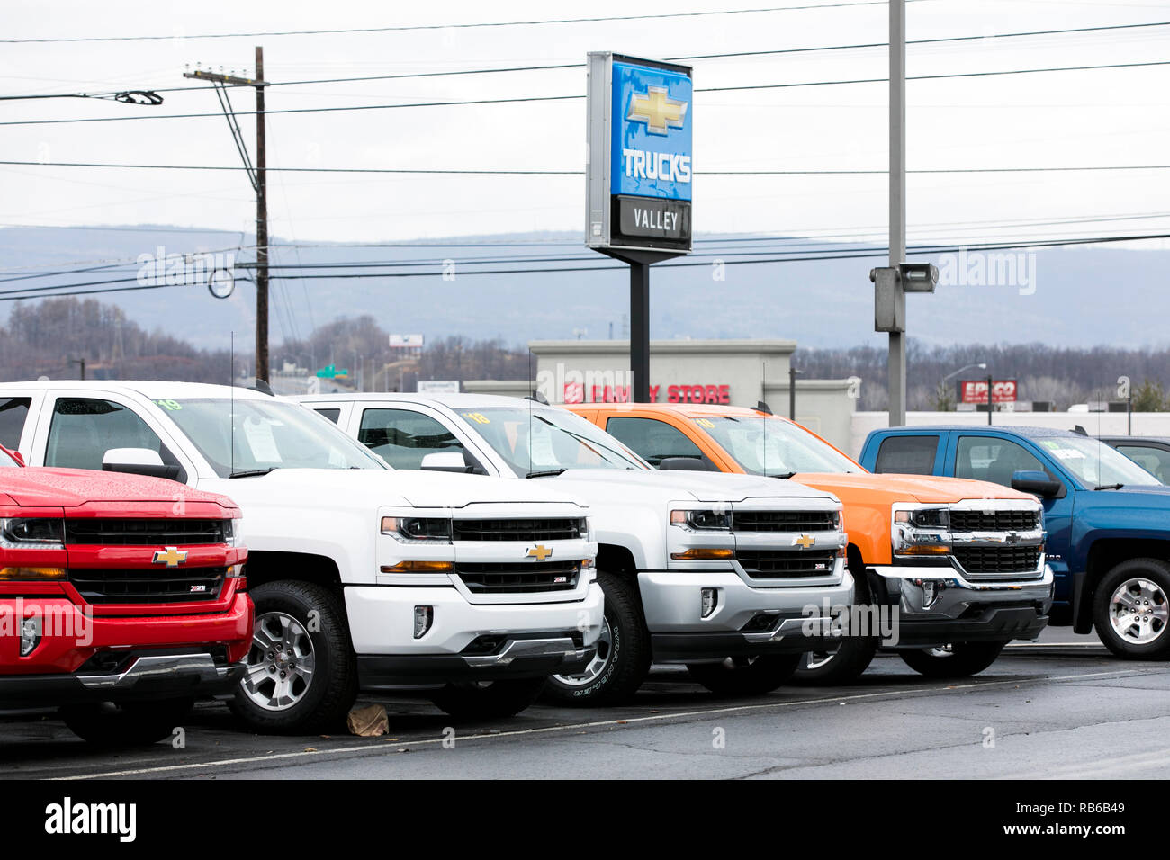 New Chevrolet (Chevy) pickup trucks on a dealer lot in WilkesBarre