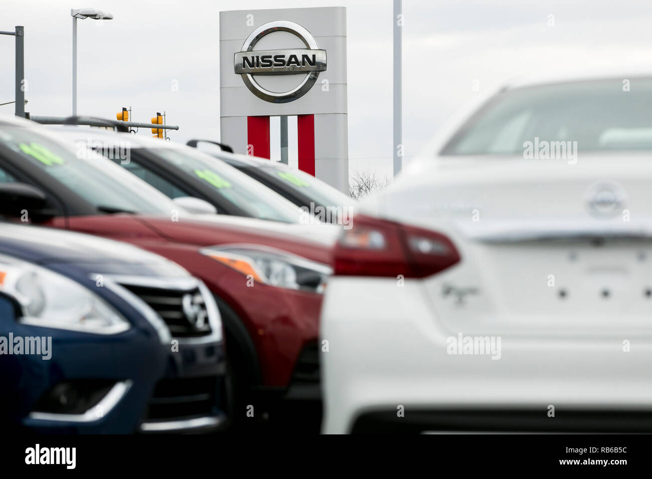 New Nissan sedan vehicles on a dealer lot in Muncy, Pennsylvania, on