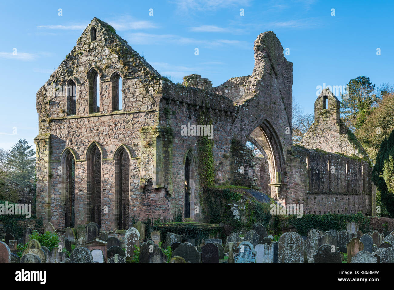 Mysterious ruins of an ancient abbey church and graveyard - Greyabbey, County Down, Northern Ireland Stock Photo
