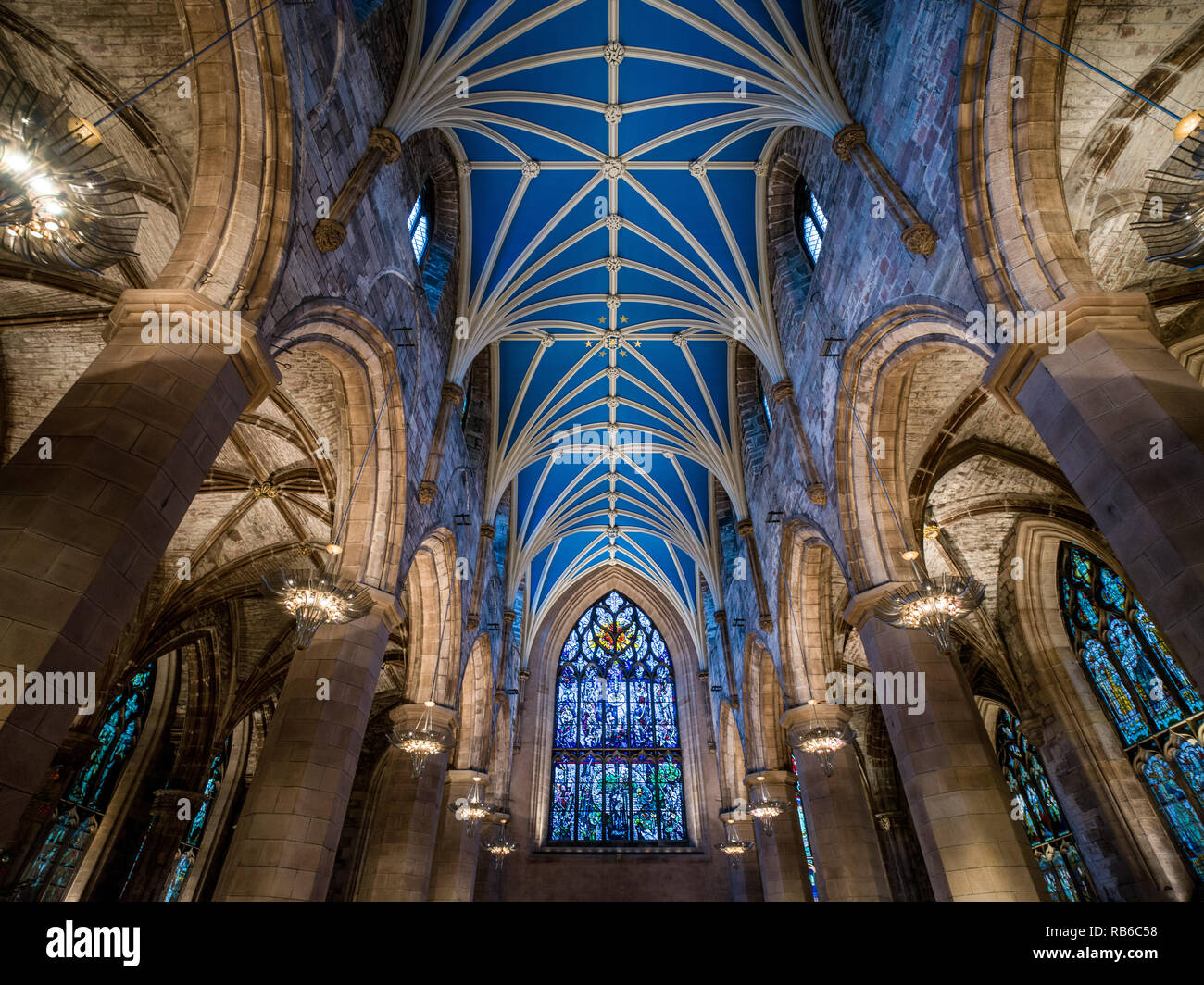 Old beautiful blue church ceiling in Scottish Catholic Church Stock