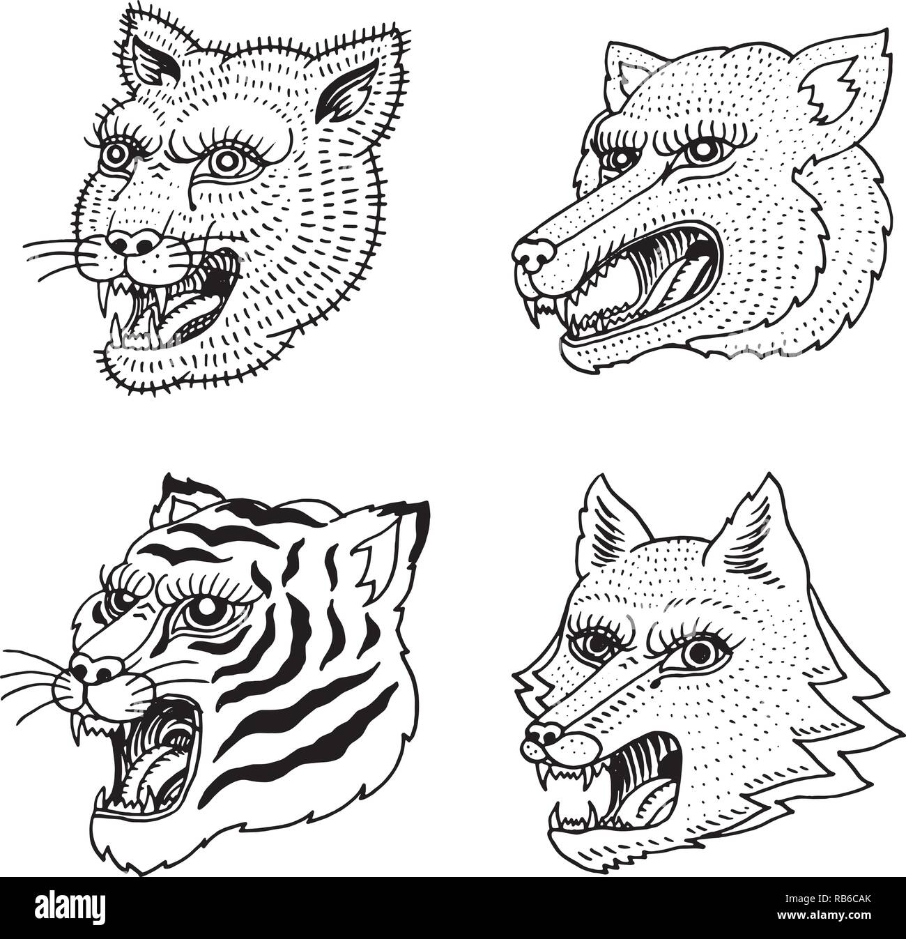 Head of Wild Animal Predator. Puma Wolf Fox Tiger Face. Japanese Style  Portraits. Hand drawn Engraved Monochrome Old Sketch for retro logos. Close  up Stock Vector Image & Art - Alamy