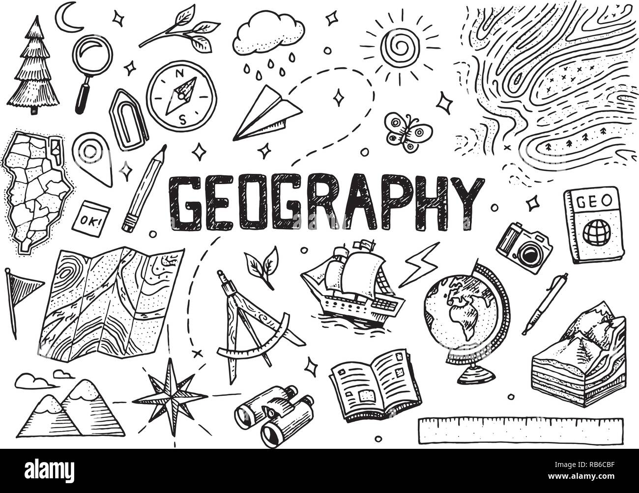 Set of geography symbols. Equipments for web banners. Vintage outline