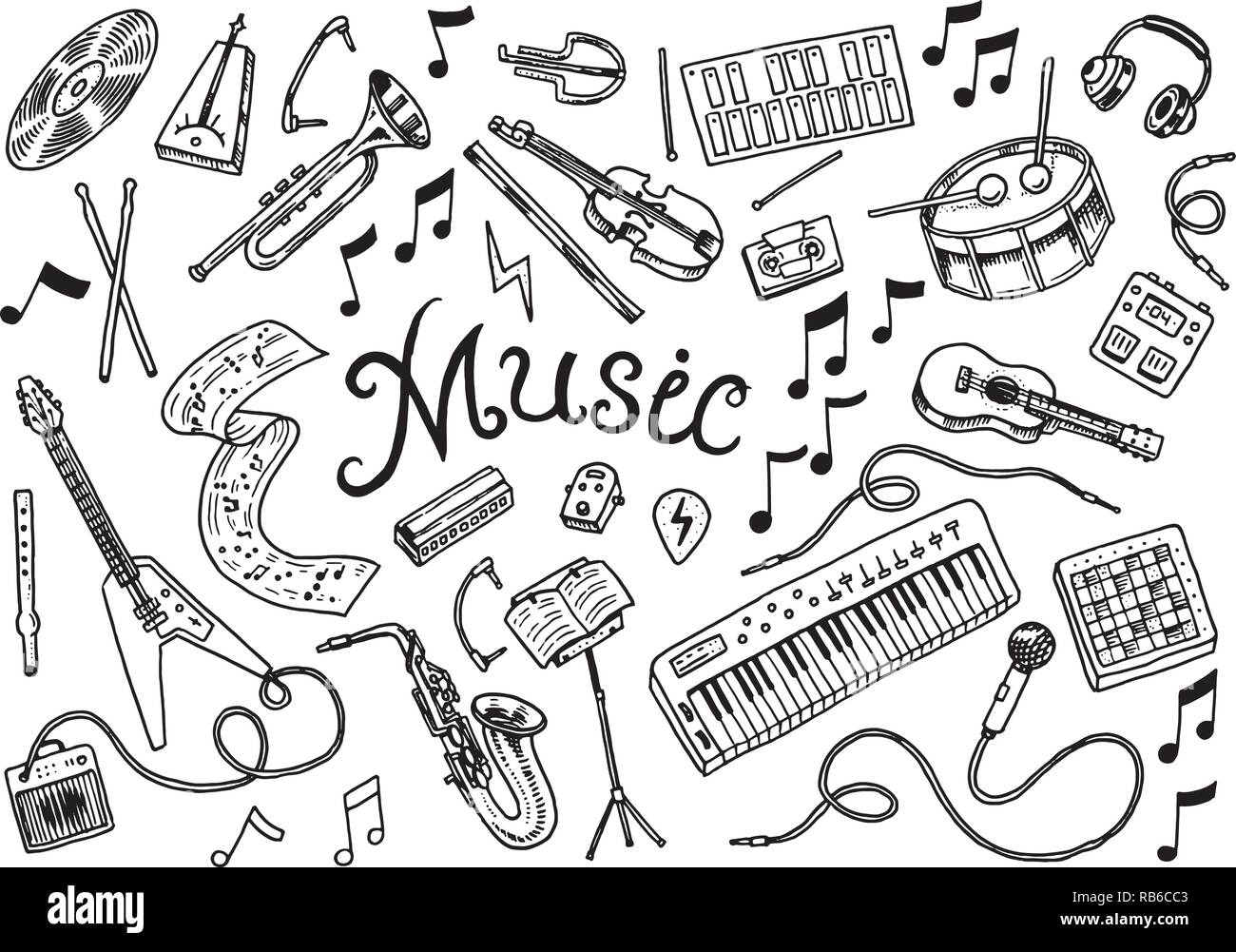 Set of musical symbols and icons. Guitar Drums Piano, creative tools and  hobbies. Vintage outline sketch for web banners. Education concept. Back to  school background. Hand drawn Doodle style Stock Vector Image