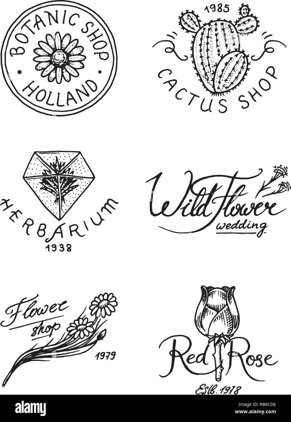 Flower shop emblems and logo. Vintage bouquet. Gardening signs and