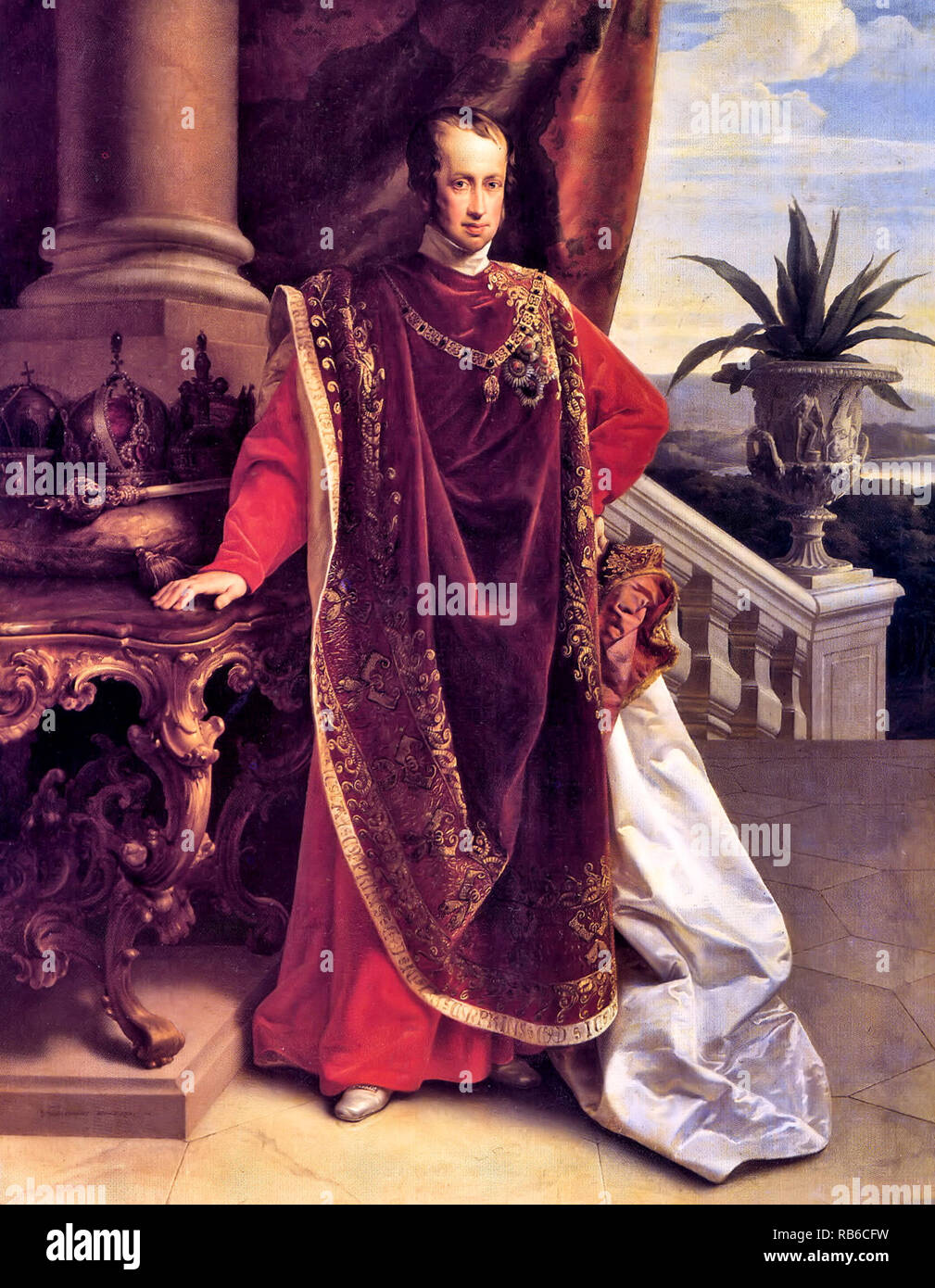 Ferdinand I of Austria, Portrait of Emperor Ferdinand I in ceremonial robe of Order of the Golden Fleece Ferdinand I (19 April 1793 – 29 June 1875) was the Emperor of Austria from 1835 until his abdication in 1848. As ruler of Austria, he was also President of the German Confederation, King of Hungary, Croatia and Bohemia (as Ferdinand V), King of Lombardy–Venetia and holder of many other lesser titles (see grand title of the Emperor of Austria). by Leopold Kupelwieser Stock Photo