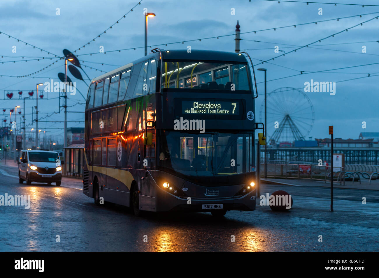Blackpool Transport double decker bus driving on Blackpool Sea Front en route to Clevelys, Blackpool, Lancashire, UK. Stock Photo