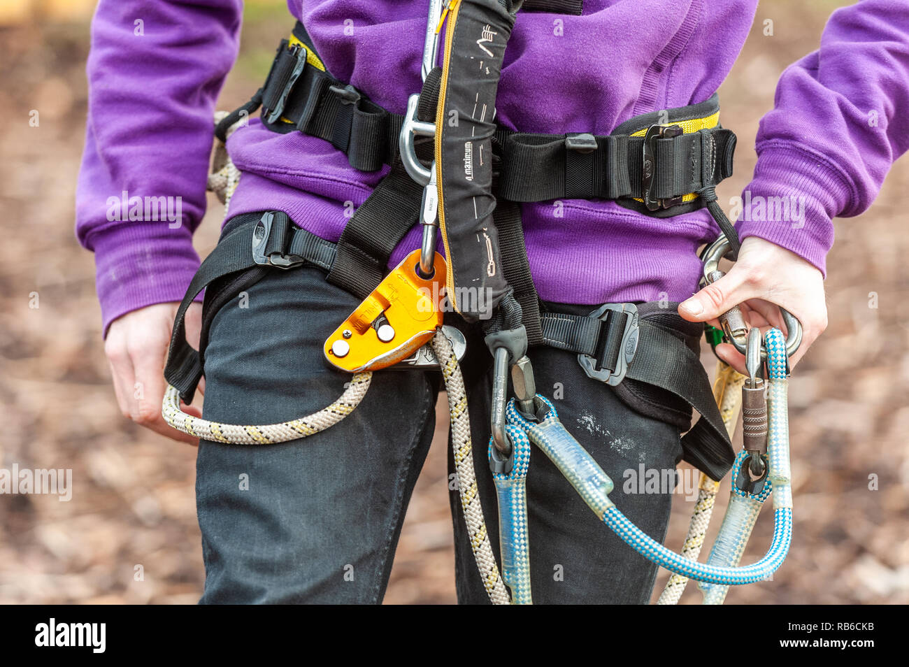 Outdoor Activity Centre Instructor with safety harness around his waist. Stock Photo