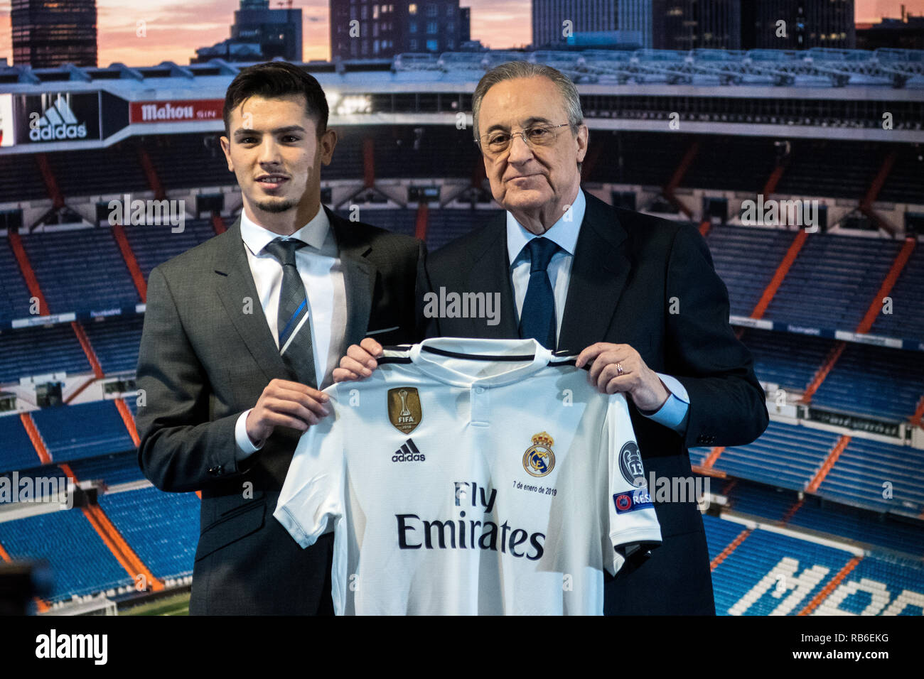 Madrid Spain. January 7th 2019. Brahim Diaz L posing with President of Real Madrid Florentino Perez R after being announced as a new Real Madrid player at Santiago Bernabeu Stadium. Credit Marcos
