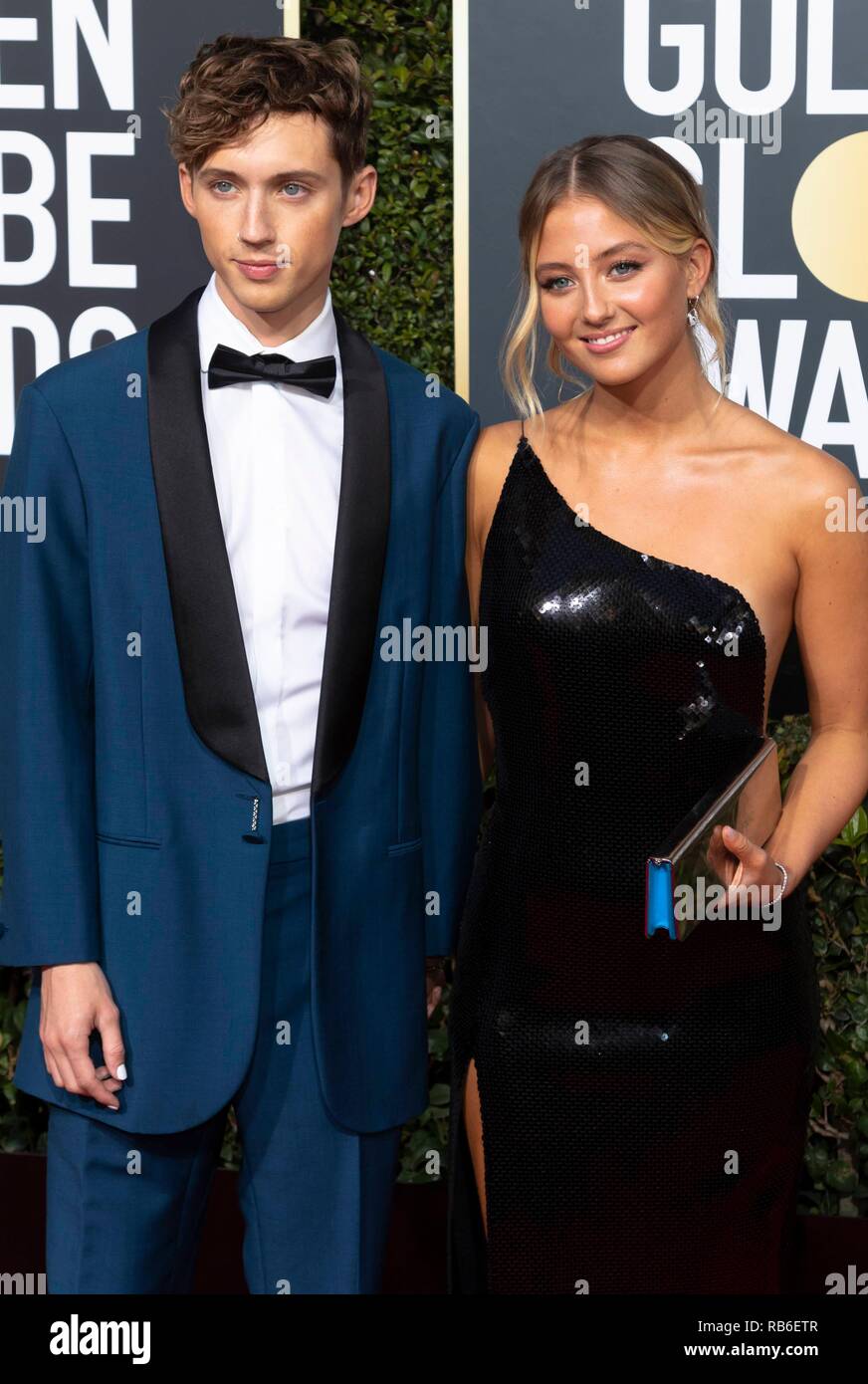Troye Sivan (l) and Sage Mellet attend the 76th Annual Golden Globe Awards, Golden Globes, at Hotel Beverly Hilton in Beverly Hills, Los Angeles, USA, on 06 January 2019. | usage worldwide Stock Photo