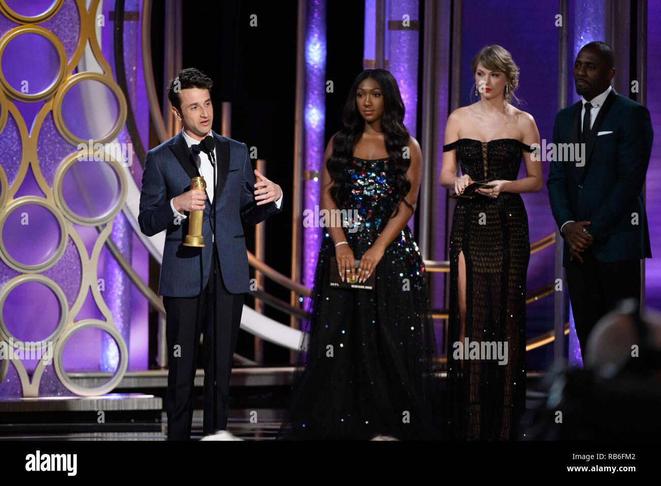 Beverly Hills, USA. 06th Jan, 2019. The Golden Globe is awarded to Justin Hurwitz for BEST ORIGINAL SCORE - MOTION PICTURE for 'First Man' at the 76th Annual Golden Globe Awards at the Beverly Hilton in Beverly Hills, CA on Sunday, January 6, 2019. Credit: PictureLux/The Hollywood Archive/Alamy Live News Stock Photo