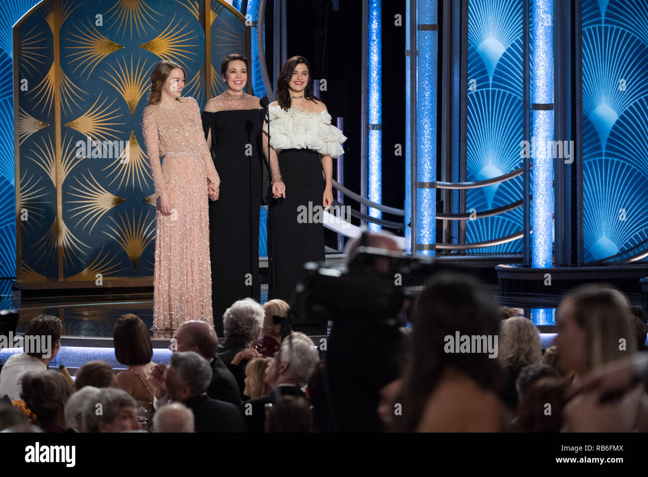 Beverly Hills, USA. 06th Jan, 2019. Presenters Emma Stone, Olivia Coleman, and Rachel Weisz onstage during the 76th Annual Golden Globe Awards at the Beverly Hilton in Beverly Hills, CA on Sunday, January 6, 2019. Credit: PictureLux/The Hollywood Archive/Alamy Live News Stock Photo