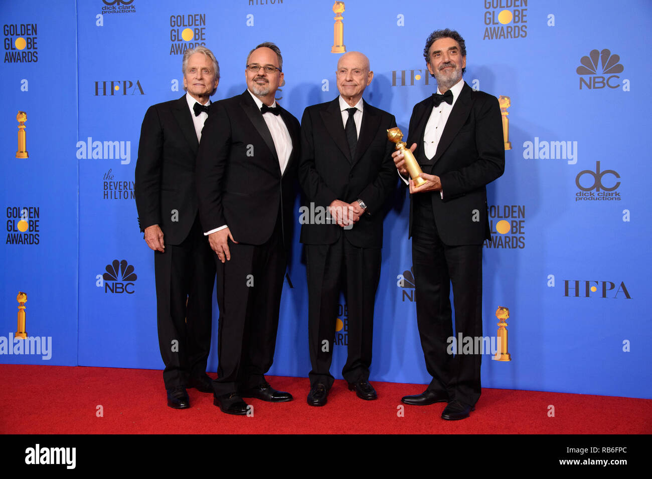 Beverly Hills, USA. 06th Jan, 2019. For BEST TELEVISION SERIES - MUSICAL OR COMEDY, the Golden Globe is awarded to 'The Kominsky Method' (Netflix). Michael Douglas, Al Higgins, Alan Arkin and Chuck Lorre pose with the award backstage in the press room at the 76th Annual Golden Globe Awards at the Beverly Hilton in Beverly Hills, CA on Sunday, January 6, 2019. Credit: PictureLux/The Hollywood Archive/Alamy Live News Stock Photo