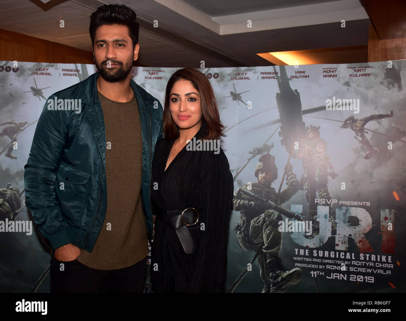 Mumbai, India. 7th Jan, 2019. Actor Vicky Kaushal with actress Yami Gautam are seen during the promotion of their upcoming film 'URI: The Surgical Strike' at Sun and Sand Hotel, Juhu in Mumbai. The film is based on the true events of 2016, when Indian Army avenged a deadly terrorist attack by carrying out a surgical strike. Credit: Azhar Khan/SOPA Images/ZUMA Wire/Alamy Live News Stock Photo