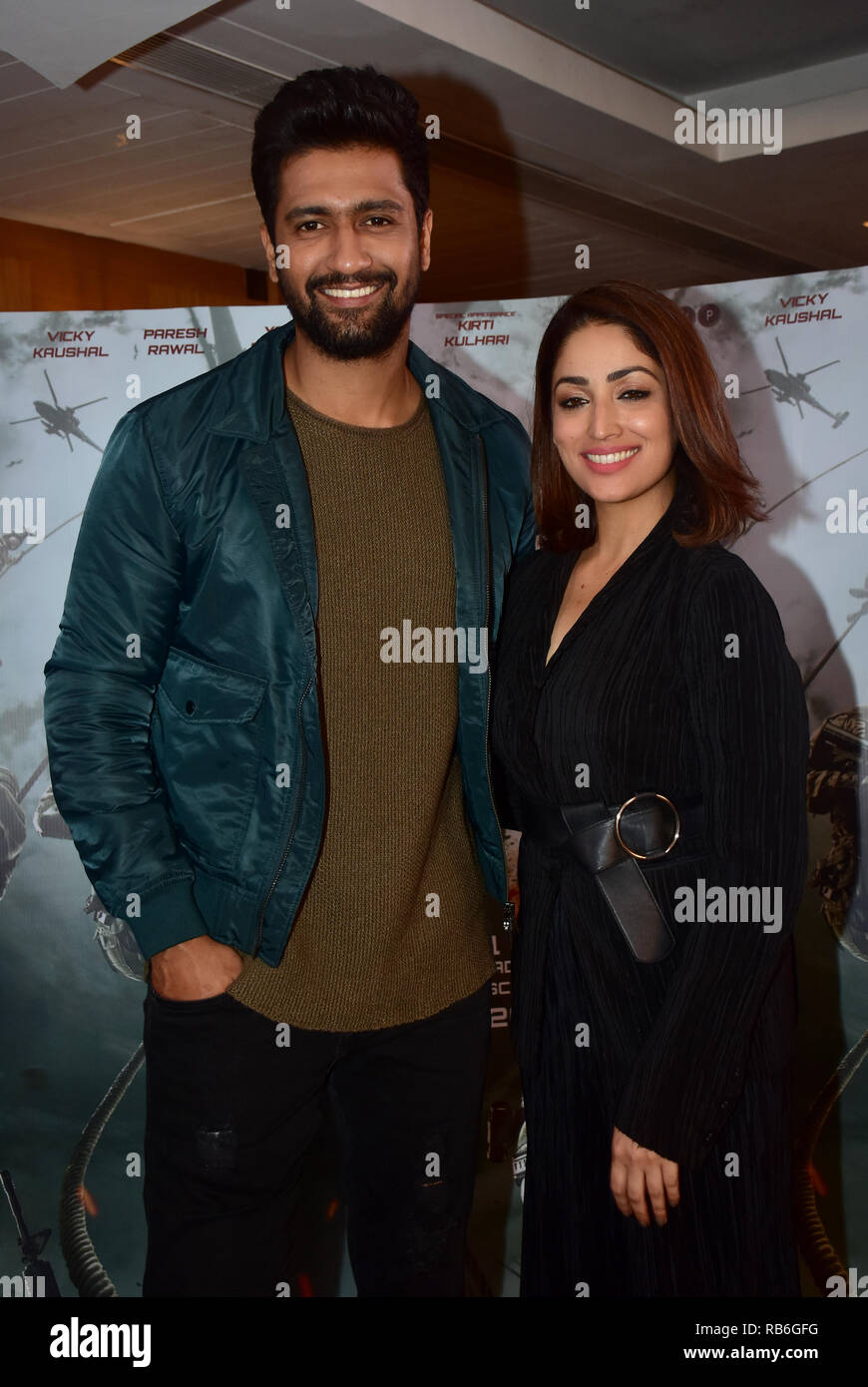 Mumbai, India. 7th Jan, 2019. Actor Vicky Kaushal with actress Yami Gautam are seen during the promotion of their upcoming film 'URI: The Surgical Strike' at Sun and Sand Hotel, Juhu in Mumbai. The film is based on the true events of 2016, when Indian Army avenged a deadly terrorist attack by carrying out a surgical strike. Credit: Azhar Khan/SOPA Images/ZUMA Wire/Alamy Live News Stock Photo