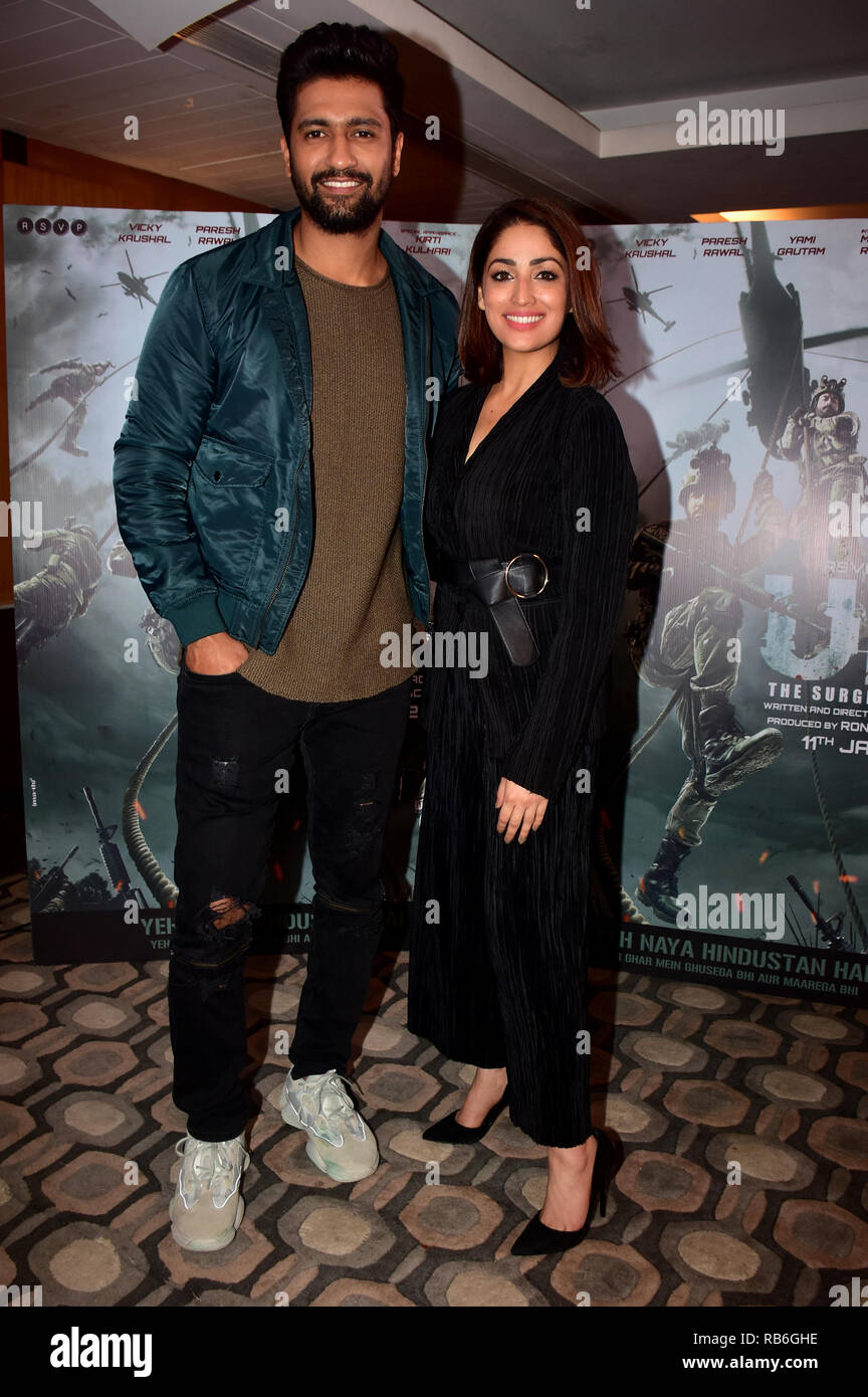 Mumbai, India. 7th Jan, 2019. Actor Vicky Kaushal with actress Yami Gautam are seen during the promotion of their upcoming film 'URI: The Surgical Strike' at Sun and Sand Hotel, Juhu in Mumbai. The film is based on the true events of 2016, when Indian Army avenged a deadly terrorist attack by carrying out a surgical strike. Credit: Azhar Khan/SOPA Images/ZUMA Wire/Alamy Live News Stock Photo