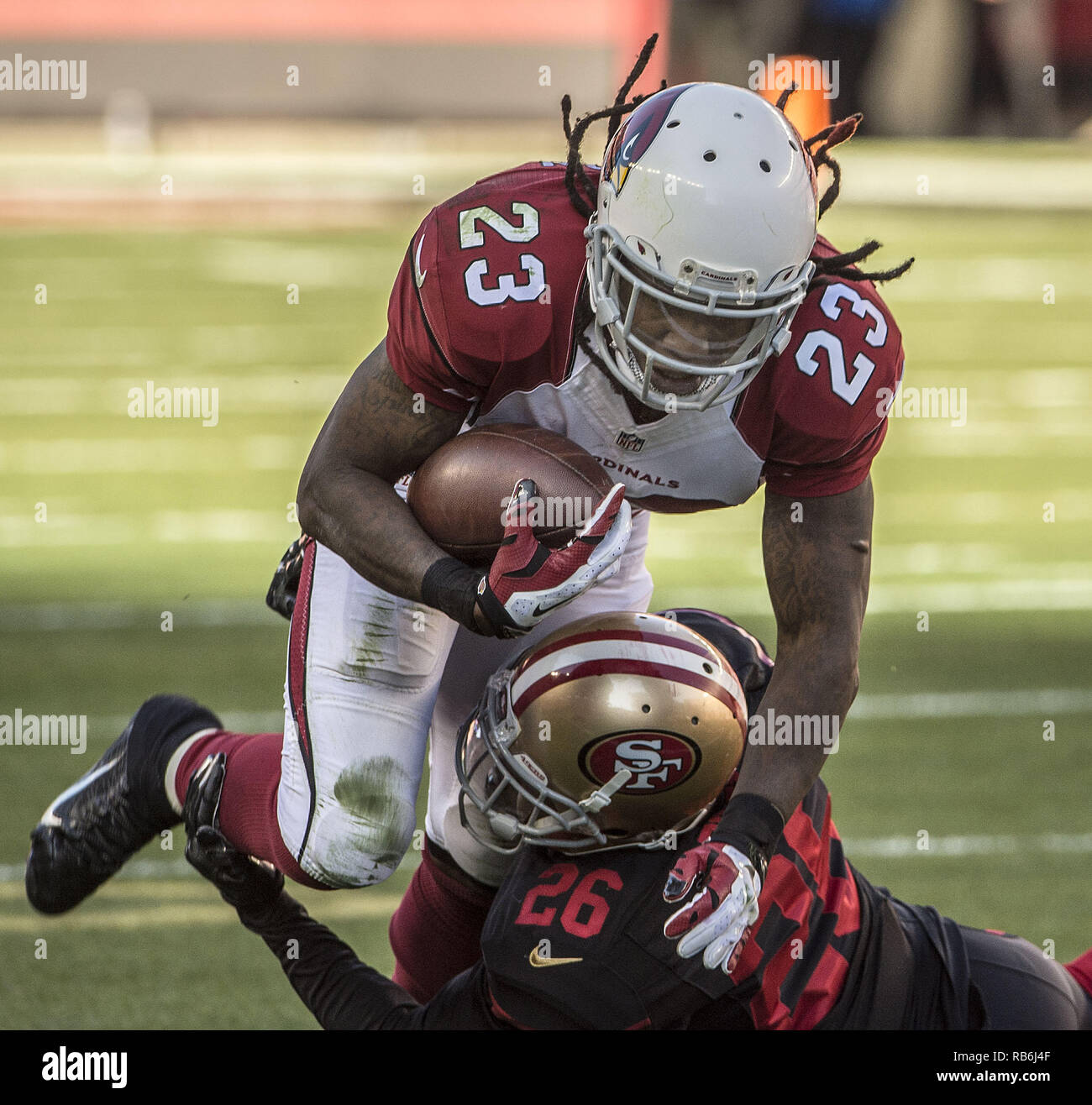 Arizona Cardinals running back Chris Johnson 23 runs for the sideline in the first quarter against the Pittsburgh Steelers at Heinz Field in Pittsburgh on October 18 2015. Photo by Archie Carpenter UP...