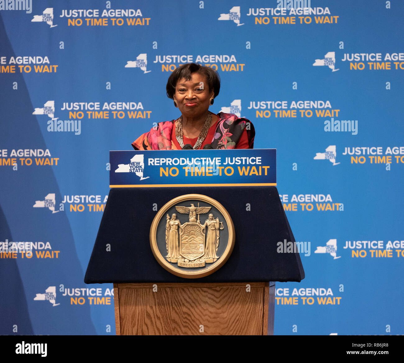 New York, United States. 07th Jan, 2019. New York, NY - January 7, 2019: New York Senate Majority Leader Andrea Stewart-Cousins speaks at rally on reproductive health act at Barnard College Credit: lev radin/Alamy Live News Stock Photo