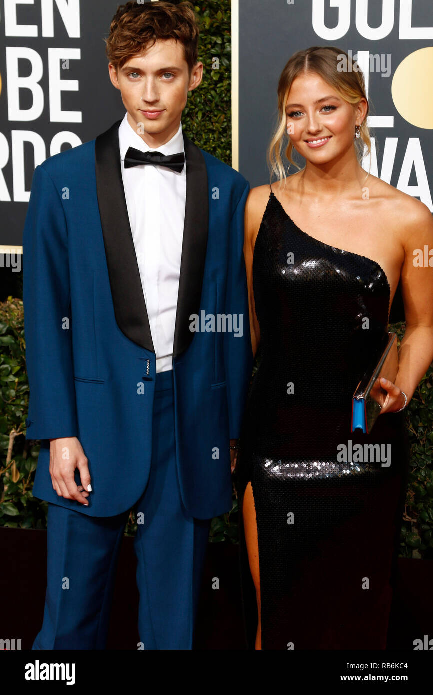 Troye Sivan and Sage Mellet attending the 76th Annual Golden Globe Awards at the Beverly Hilton Hotel on January 6, 2019. Stock Photo