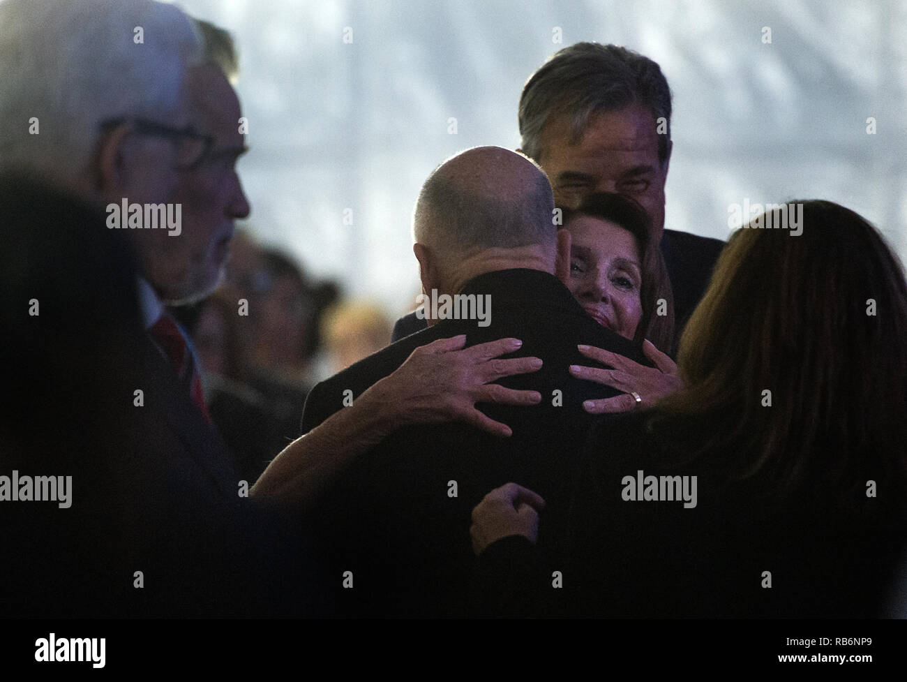 Sacramento, CA, USA. 7th Jan, 2019. Speaker of the House Nancy Pelosi hugs former governor Jerry Brown during the inauguration at the State Capital on Monday, January 7, 2019 in Sacramento. Credit: Paul Kitagaki Jr./ZUMA Wire/Alamy Live News Stock Photo