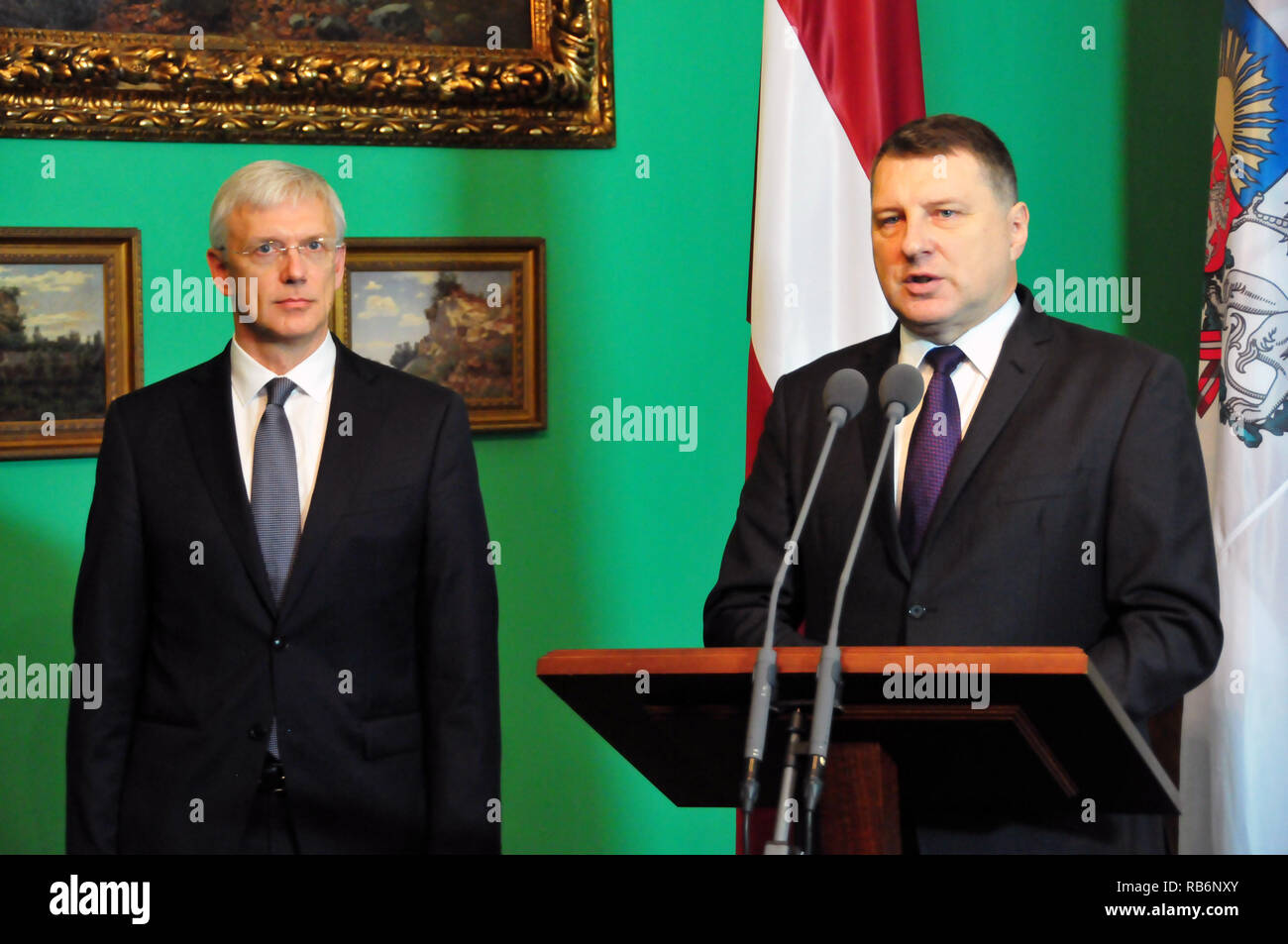 Riga, Latvia. 7th Jan, 2019. Latvian President Raimonds Vejonis (R) and the candidate for prime minister Krisjanis Karins attend a press conference in Riga, Latvia, on Jan. 7, 2019. Raimonds Vejonis on Monday asked Krisjanis Karins, a member of the European Parliament from the center-right New Unity party, to form the Baltic country's next government. Credit: Janis/Xinhua/Alamy Live News Stock Photo