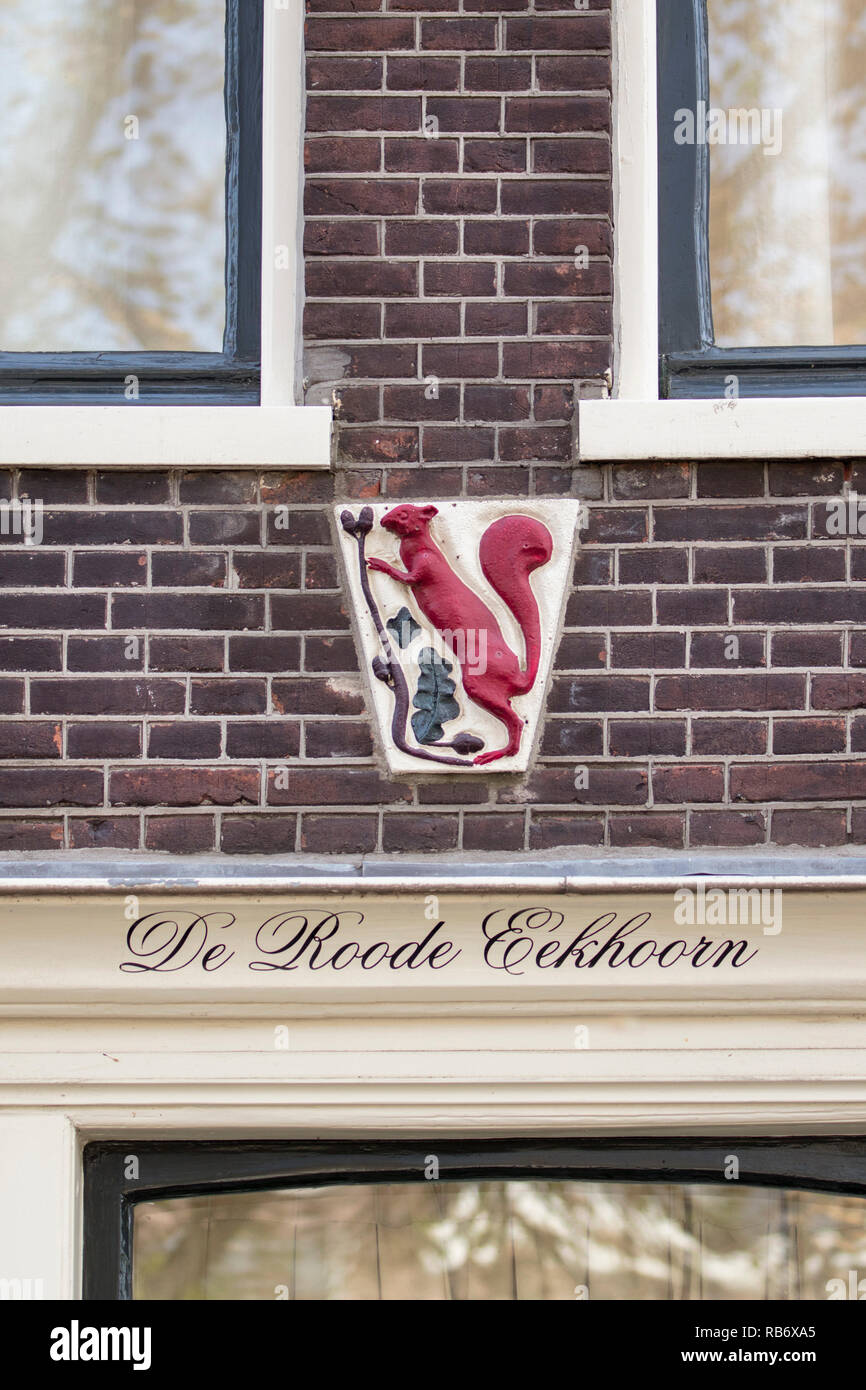 The Netherlands, Amsterdam, gable stone of Red Squirrel. Stock Photo