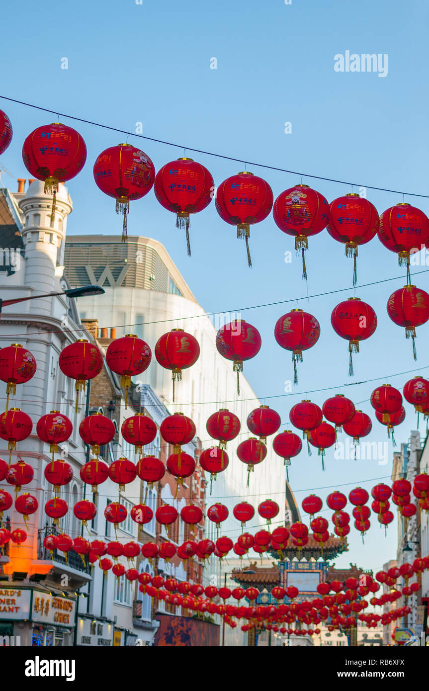 Beautiful red hanging lanterns in Soho London to celebrate the Chinese New Year, 2017. Stock Photo