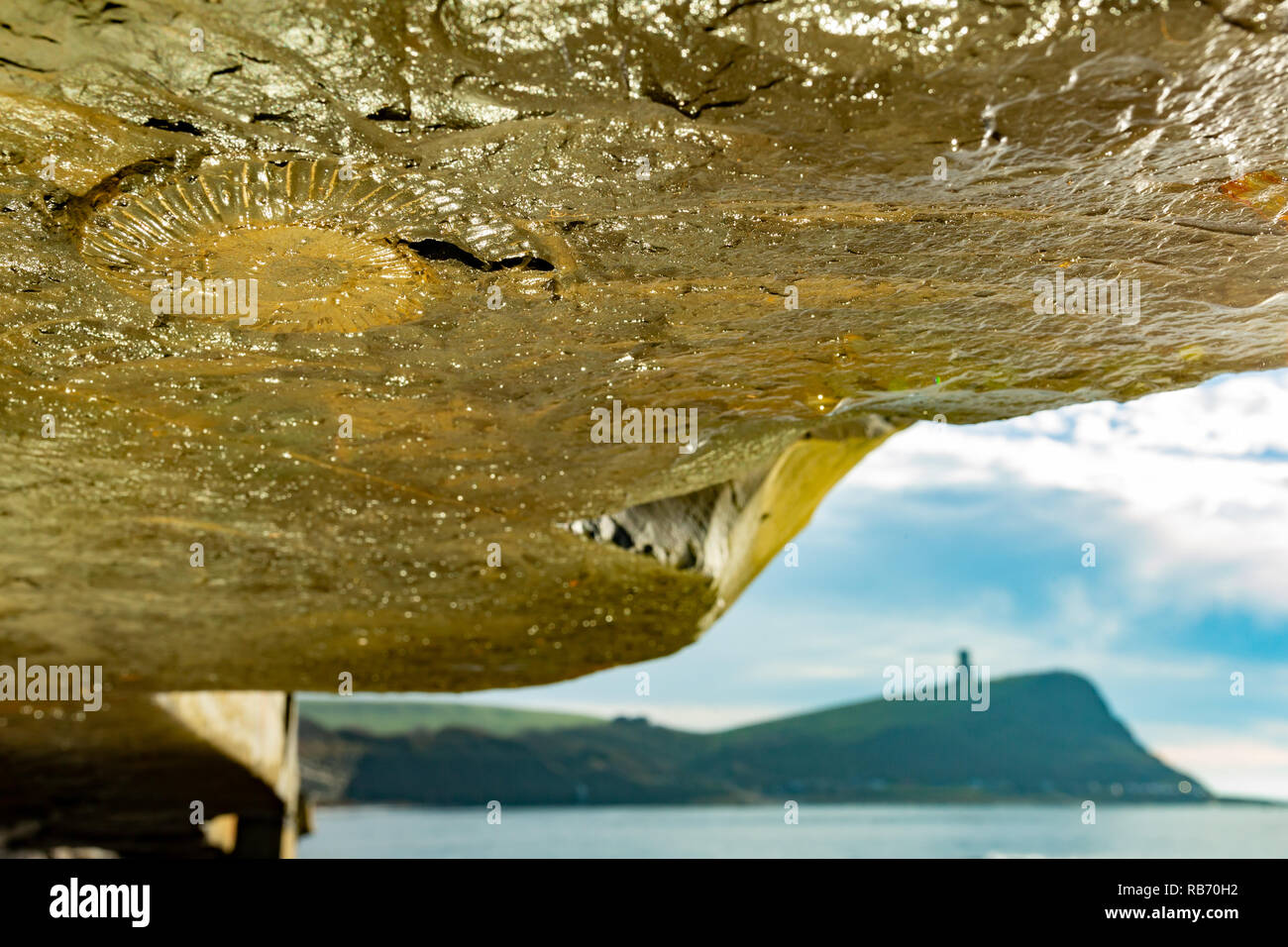 Landscape photograph taken from underneath cliff face overhang focused on Ammonite body fossil with Clavell tower silhouetted in background at Kimmeri Stock Photo