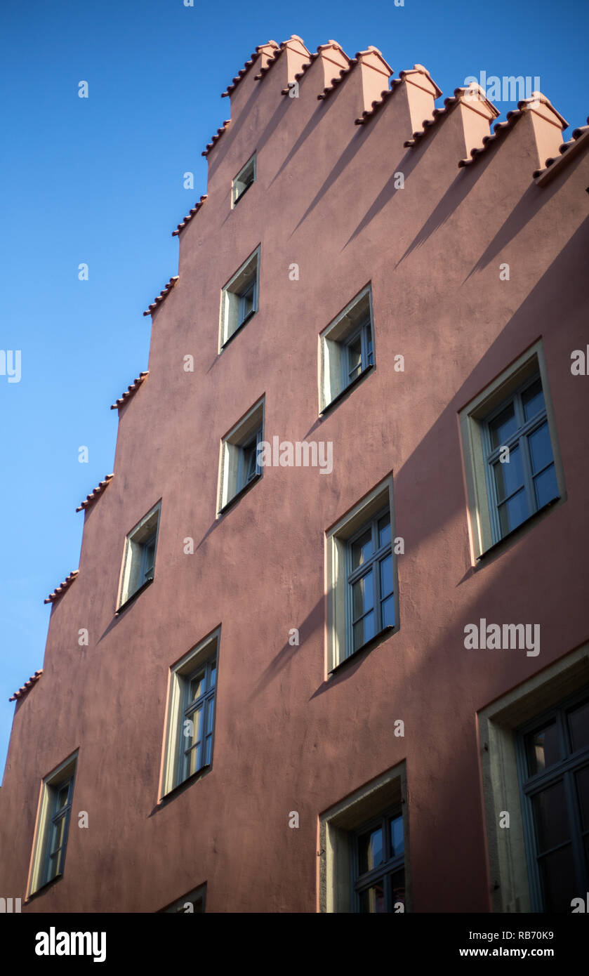 A characteristic stepped gable facade in Regensburg, Bavaria, Germany Stock Photo
