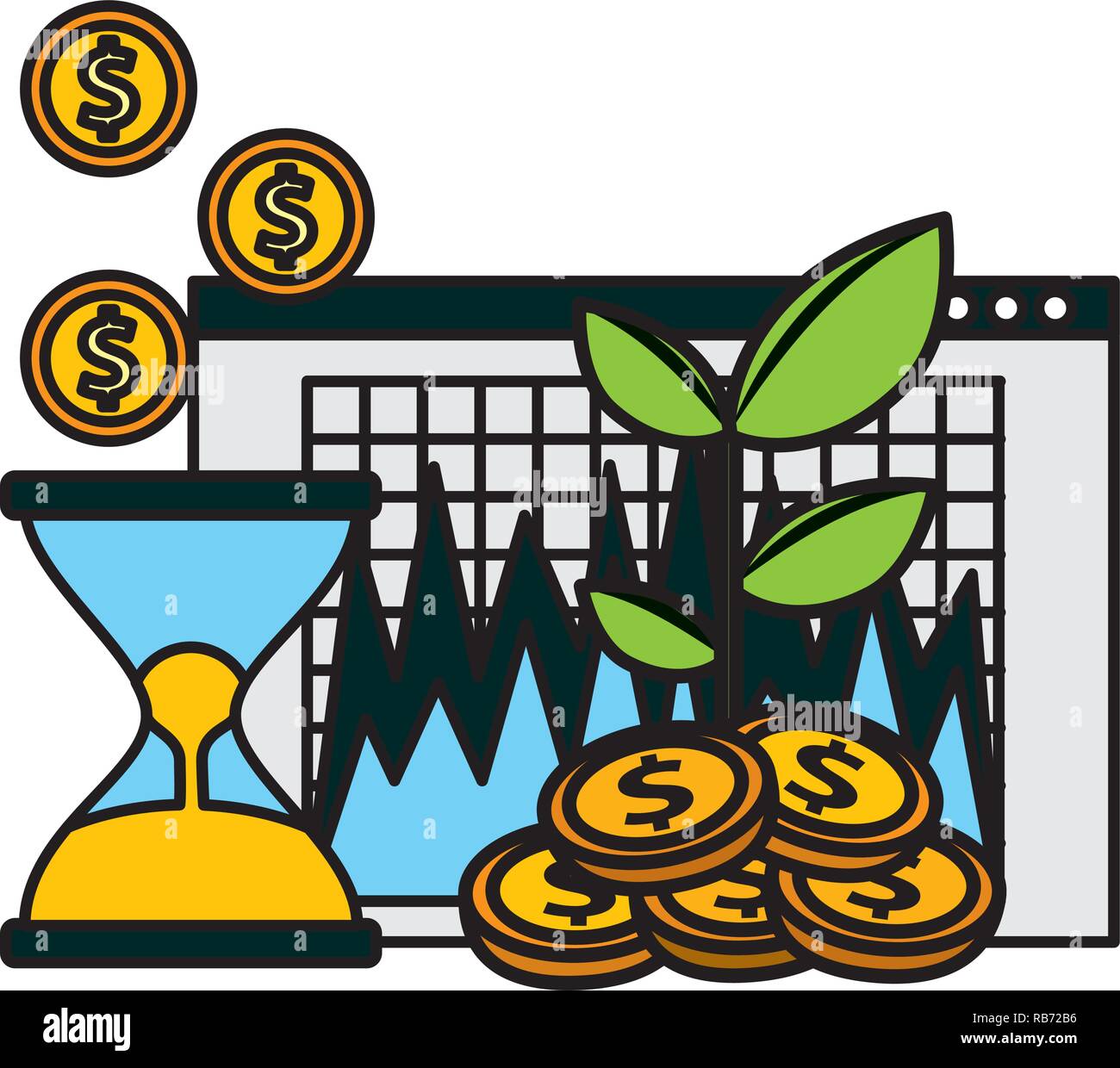 business hourglass money coins plant and report Stock Vector Image ...