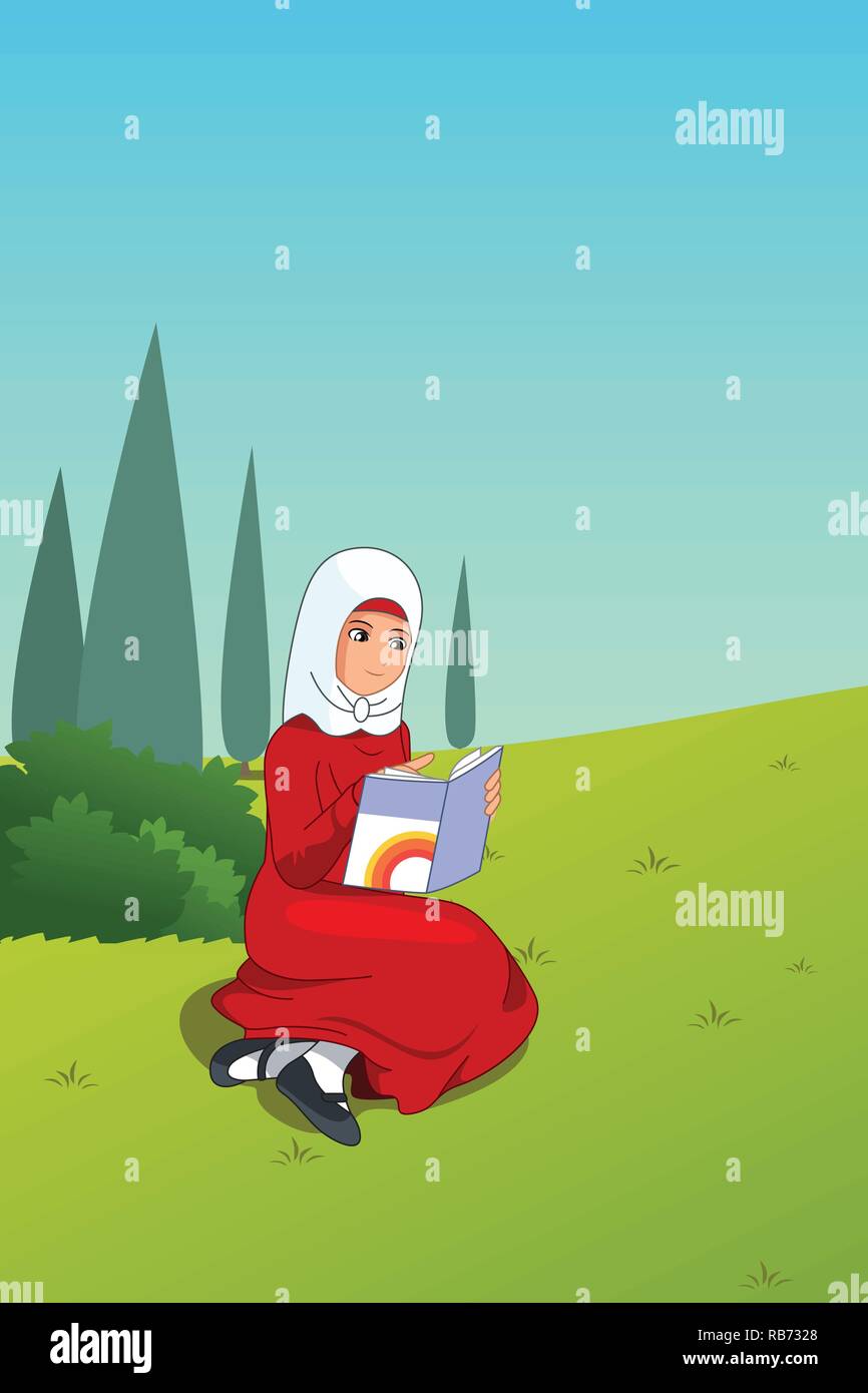 A vector illustration of Muslim Girl Reading a Book Outdoor Stock Vector