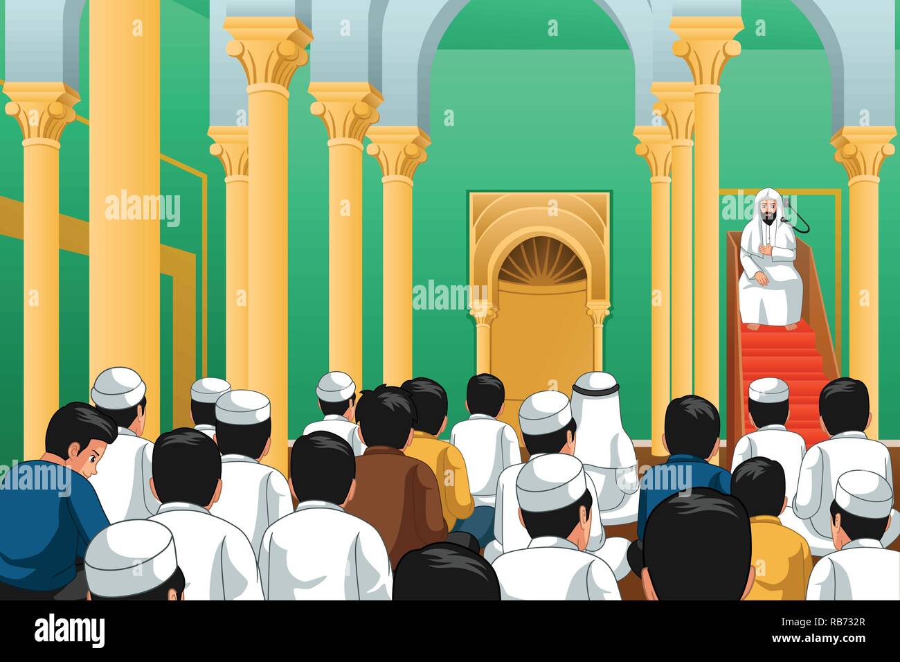 A vector illustration of Muslims Praying in a Mosque Stock Vector