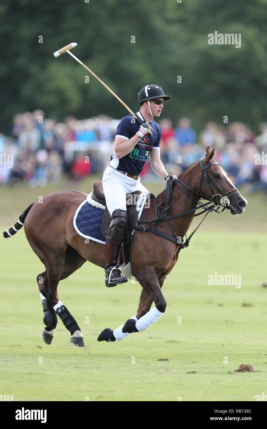 The Duke of Cambridge plays Polo during the Maserati Royal Charity Polo Trophy at Beauford Polo Club, Down Farm House, Westonbirt, Gloucestershire. Stock Photo