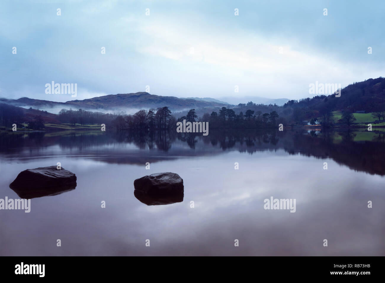 Misty Landscape Photography, Natural Sunrise over Rydal Water, Ambleside, Lake District, Cumbria, UK Stock Photo