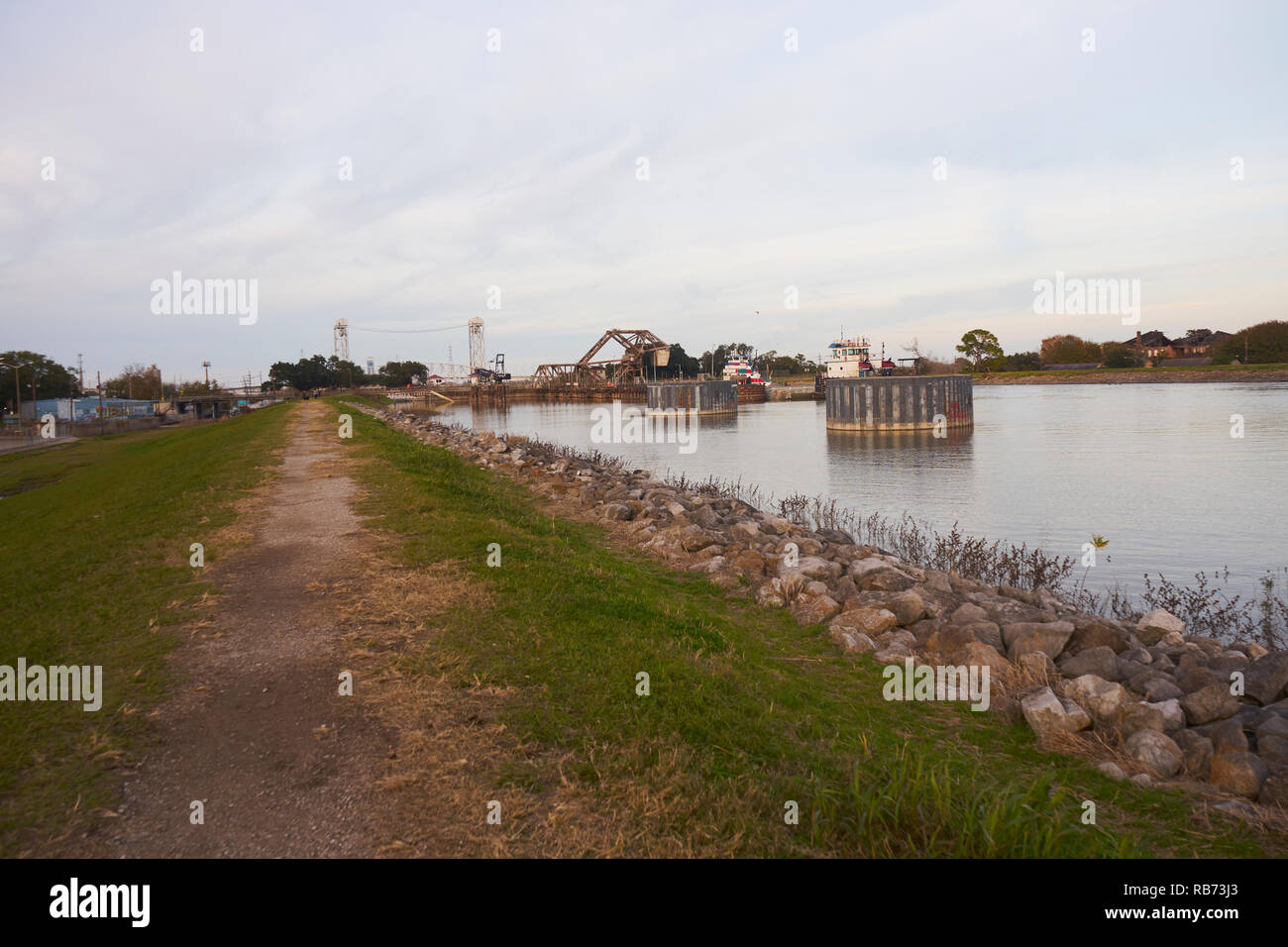 Mississippi River from the Bywater levee, New Orleans, Louisiana. Stock Photo