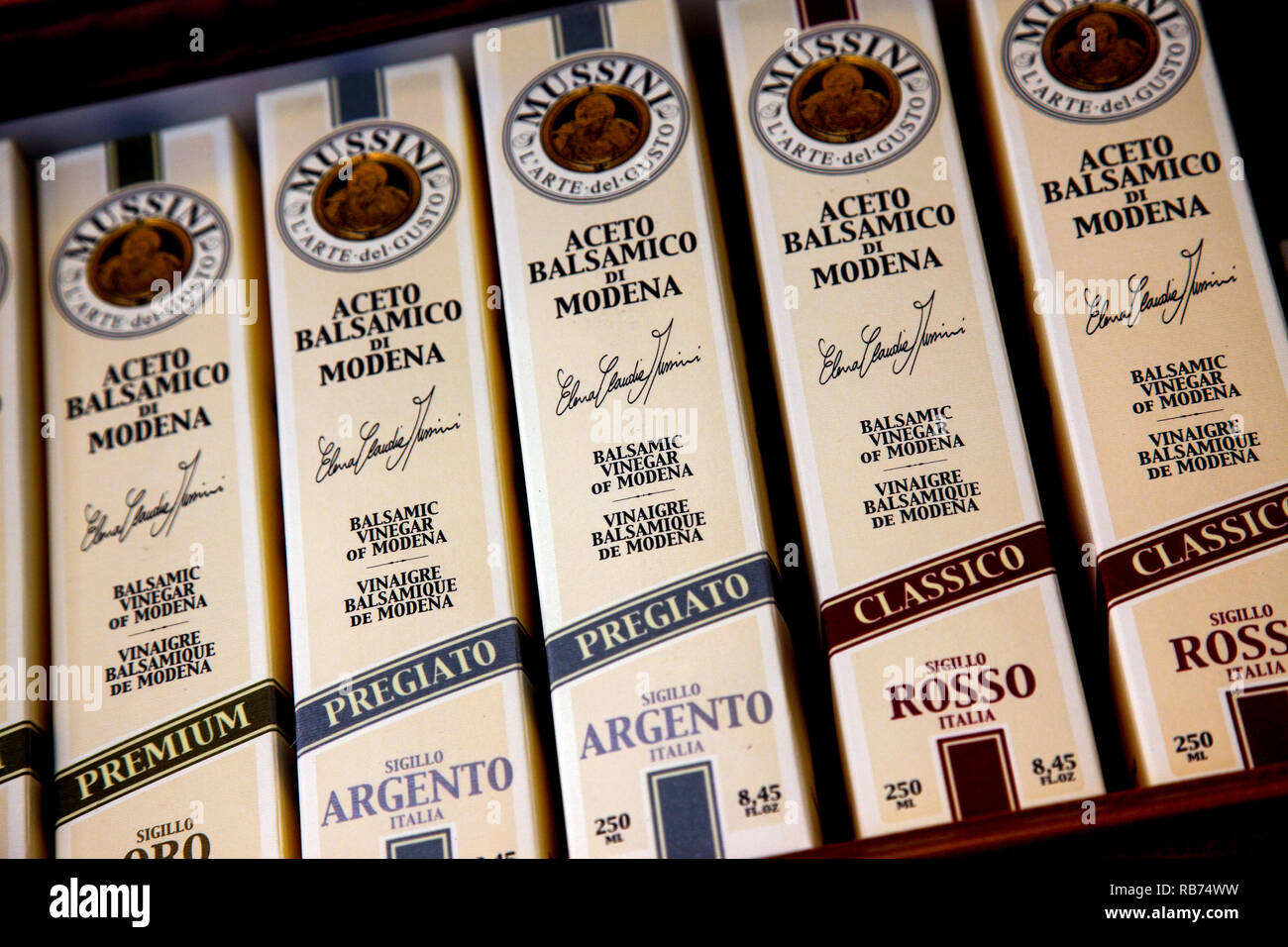 Bottles of balsamic vinegar in Modena Italy. Stock Photo