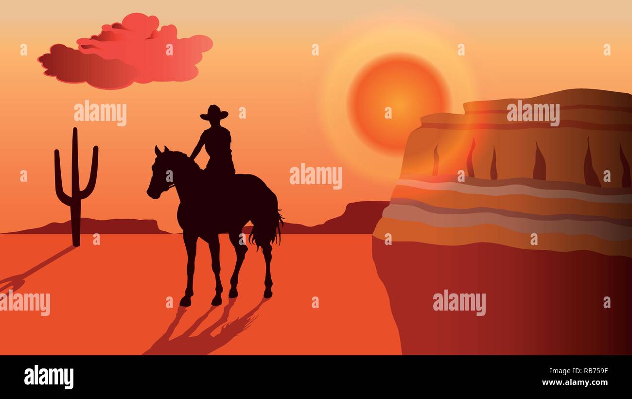 Silhouette of a cowboy riding a horse at sunset - vector background Stock Vector